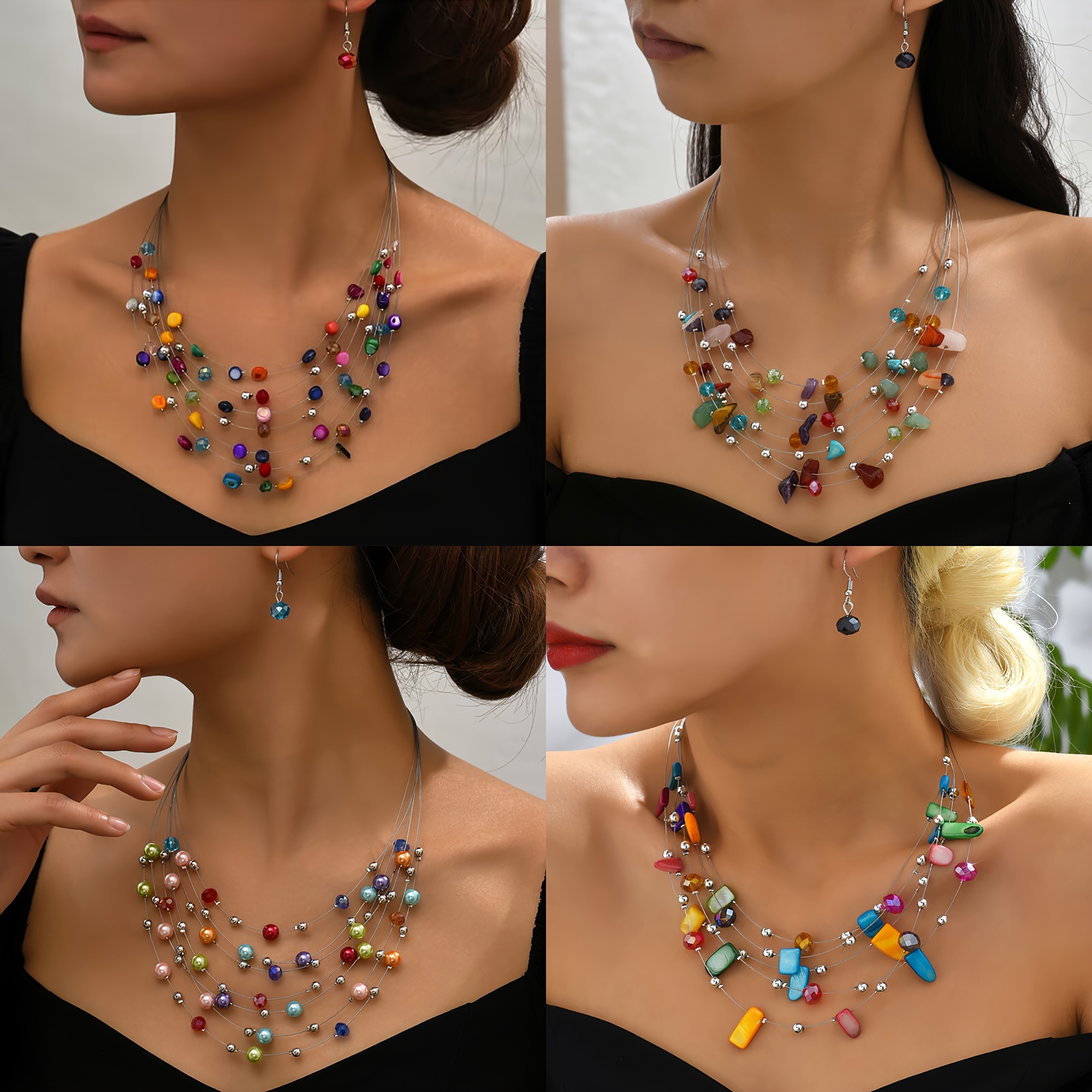 

4 Set Bohemian Style Multi-layer Necklace + Earrings Set Chic Shell And Crystal Multi-color Jewelry Set Delicate Crystal Beads Jewelry Friendship Set Perfect Gift For Women And Girls