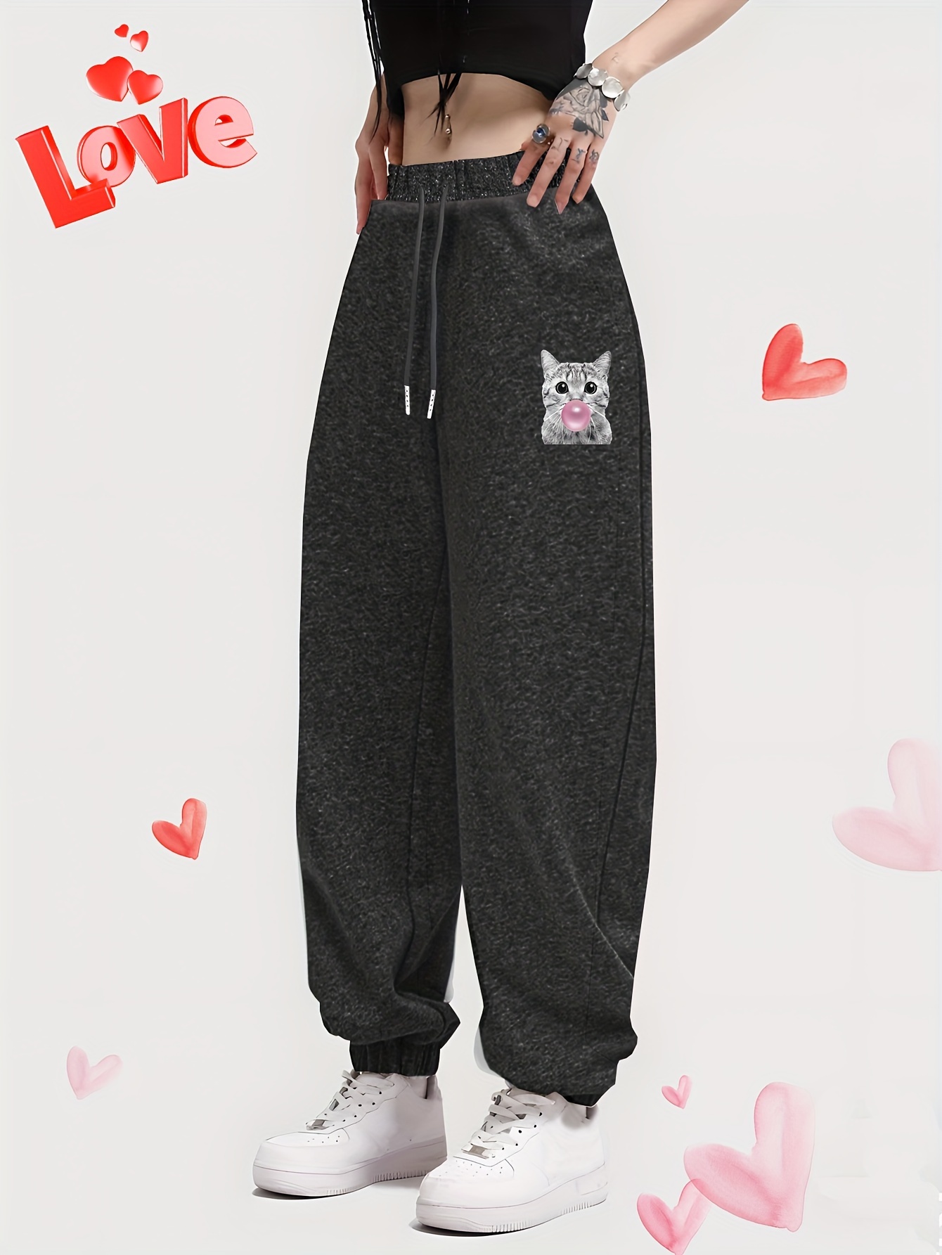 Lovely Cat Print Casual Jogger Pants Drawstring Elastic - Temu