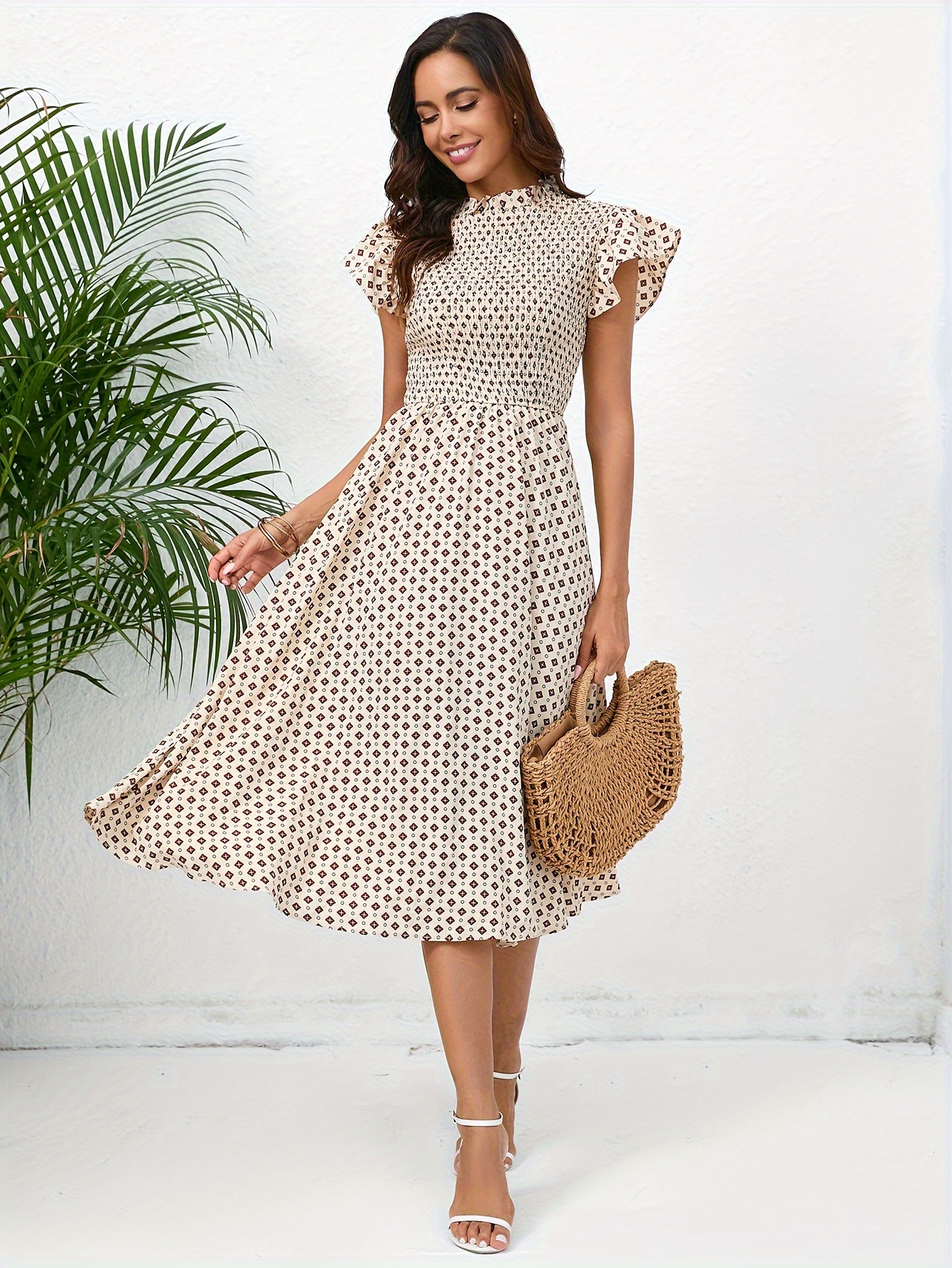 womens elegant geometric print puff sleeve dress a line midi - Temu  Kazakhstan