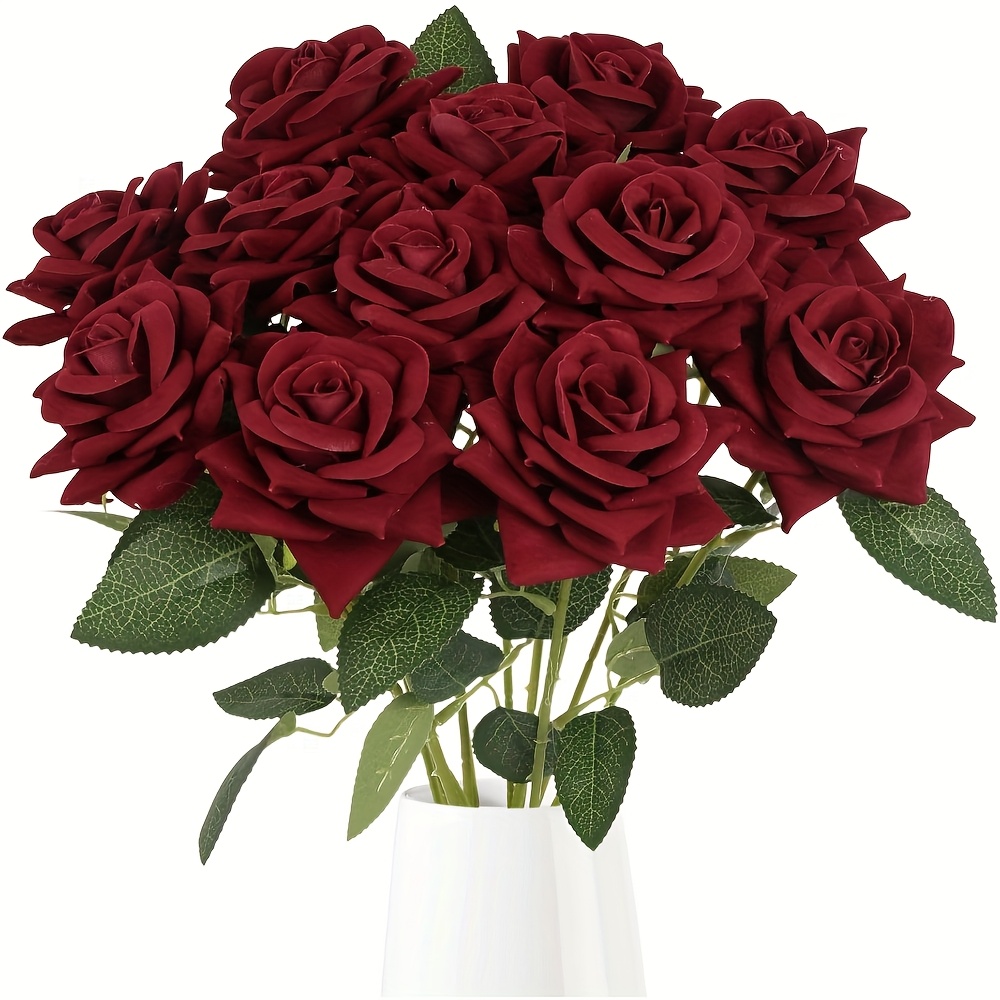 TEMU 12 Artificial Simulation Roses - Silk- Velvet Roses, Flexible Stems That Won't Wilt, Lifelike Red Roses, Decoration Faux Flowers, Suitable For