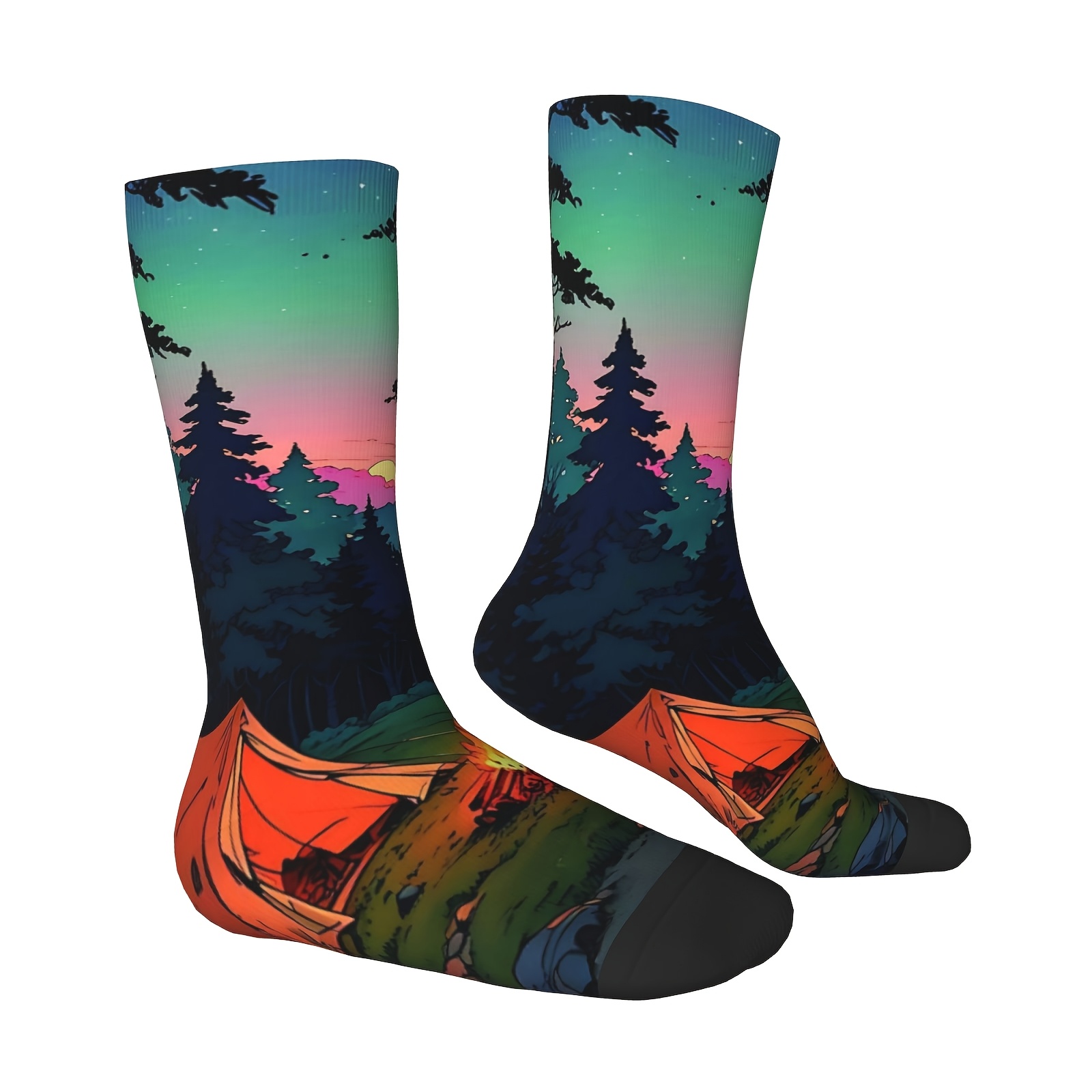 TEMU A Pair Unisex Outdoor Sports Socks | Camping Print Mid-calf Socks, Comfortable And Breathable, Fashionable For Daily Wear, Polyester, Elastane,