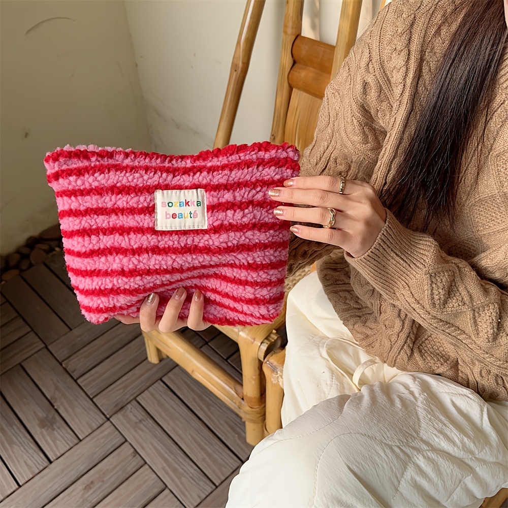 TEMU Plush Fur Pink, Yellow, Brown Point Makeup Bag, Women Bags For Make Up, Small Bag Storage Makeup Case, Travelling Bags For Ladies, Pencil Case