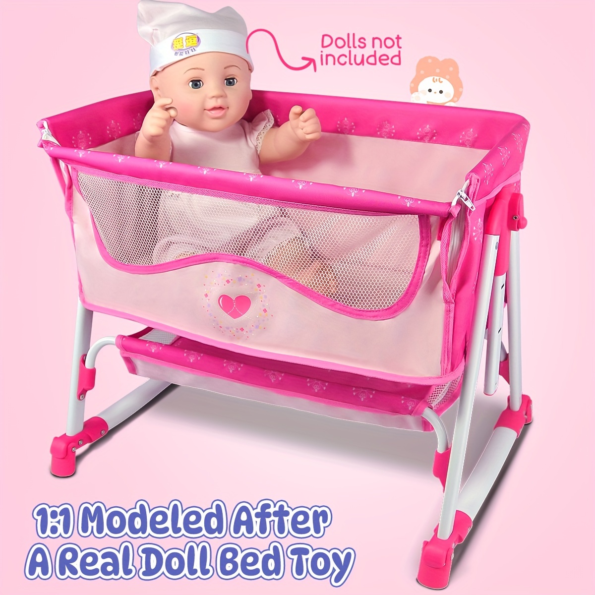 Toy Baby Doll Crib for Dolls, Cute Designed Baby Doll Bed with,  Toy Crib Doll Furniture for Years+ Girls, Doll Bed and Doll Swings for 