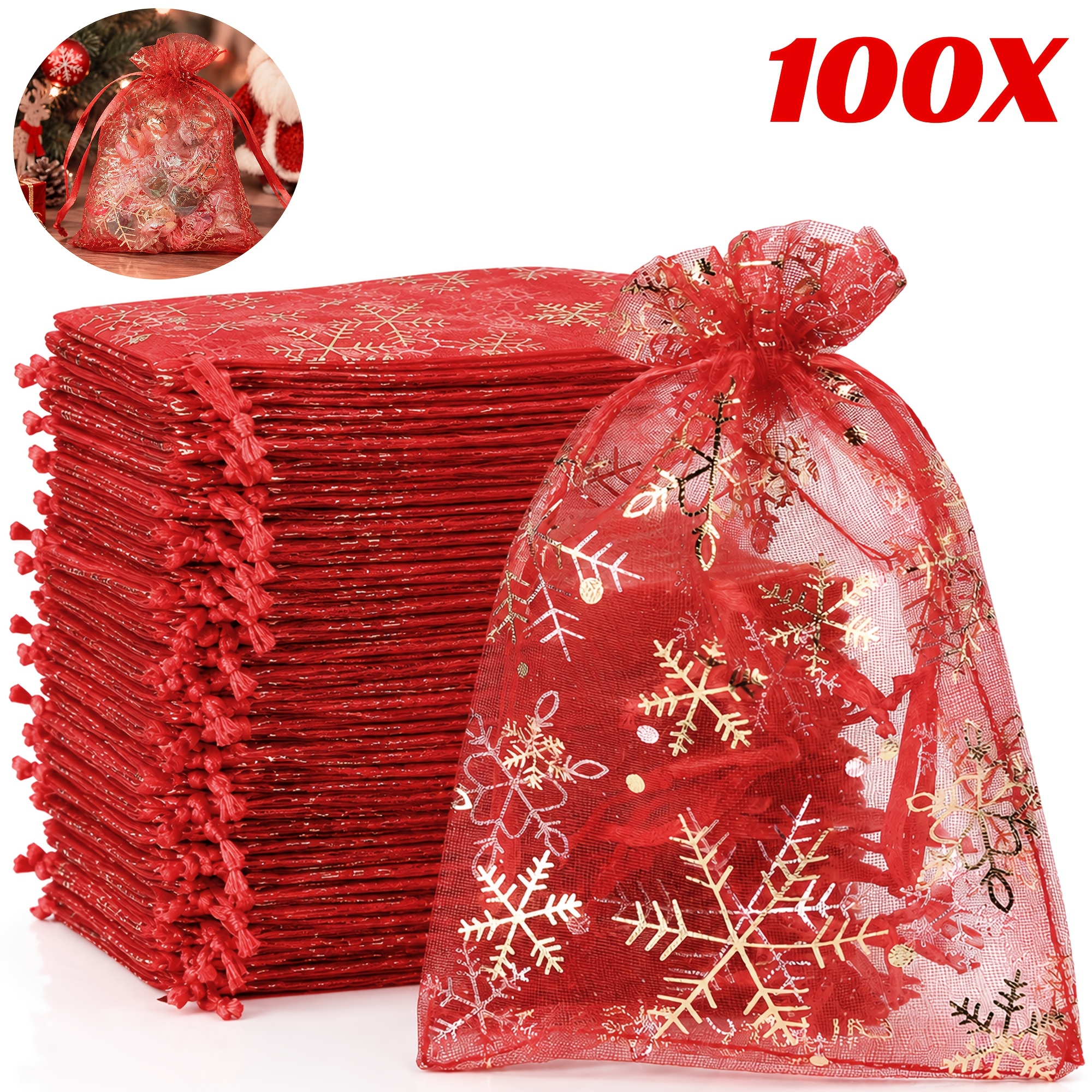 TEMU Sacchetti regalo natalizi in organza da 100 pezzi con coulisse a di , bustine di imballaggio trasparenti per gioielli e piccoli ricordini di