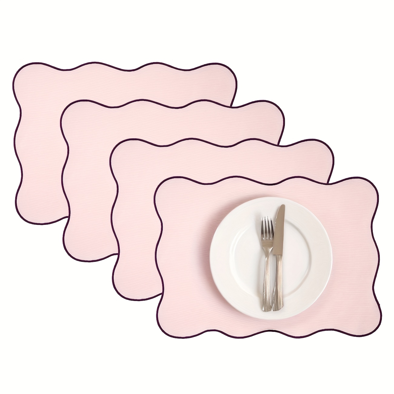 4pcs, Solid Candy-colored Wavy Edge Placemats, Imitation Embroidery Lace Table Mats