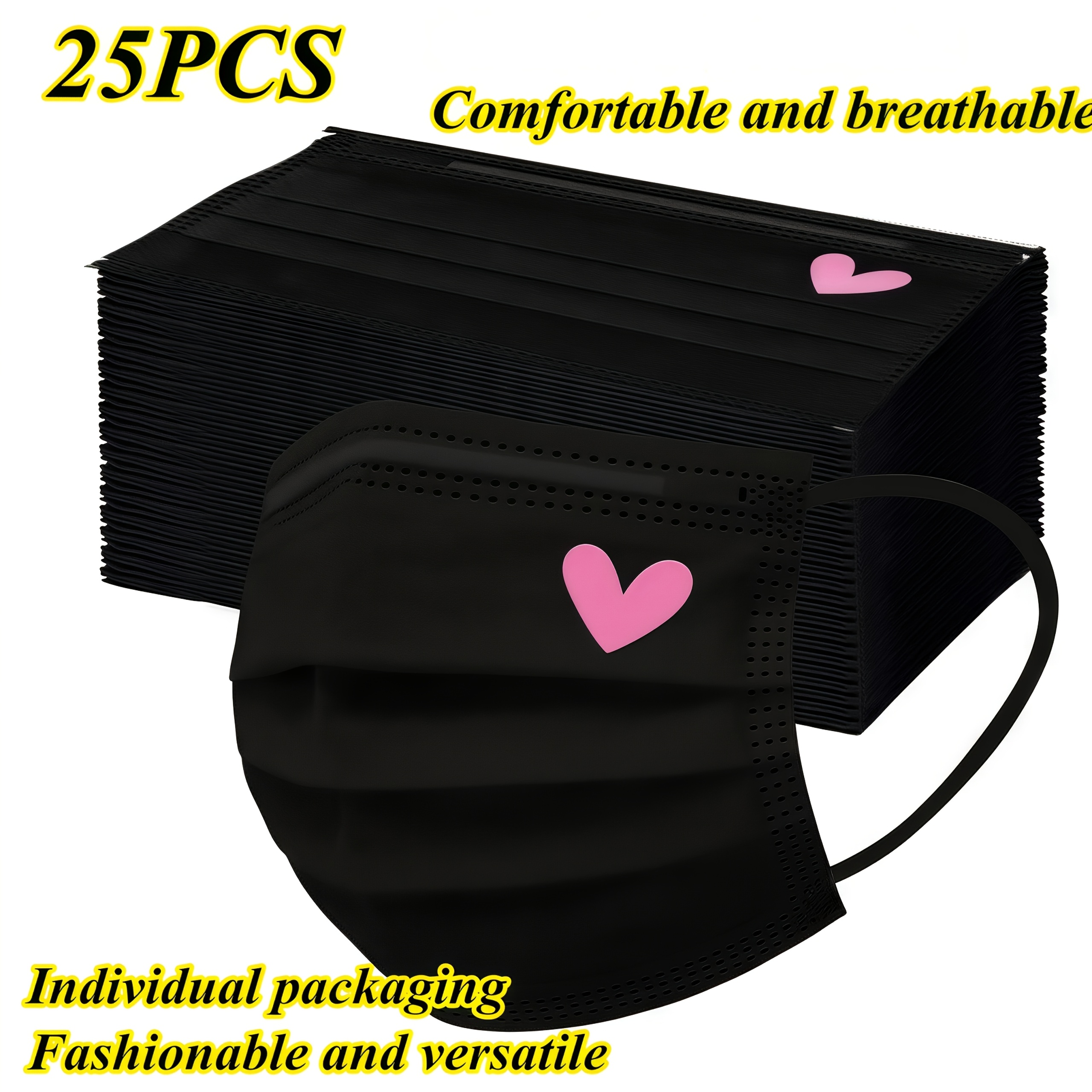 Image of 15/25pcs Cute Pink Heart Print Disposable Face Masks For Women Party Holiday Face Masks Suitable For Men Women Single Use For Daily Wear Christmas Halloween