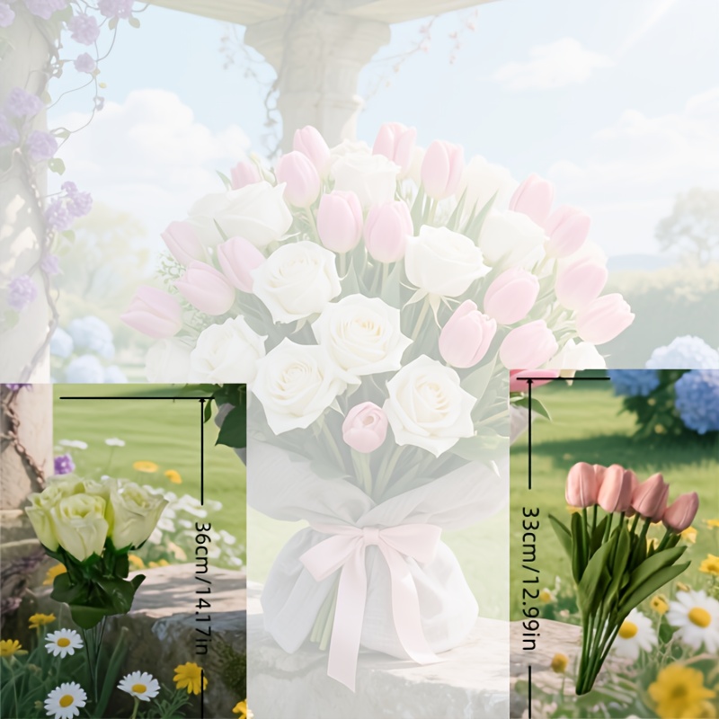 Image of A 12pcs Combination Bouquet - A Mixed Set Of 6 White Roses + 6 Pink Tulips, Suitable For Wedding, Photography, Indoor And Outdoor Home Decoration, Mother's Day