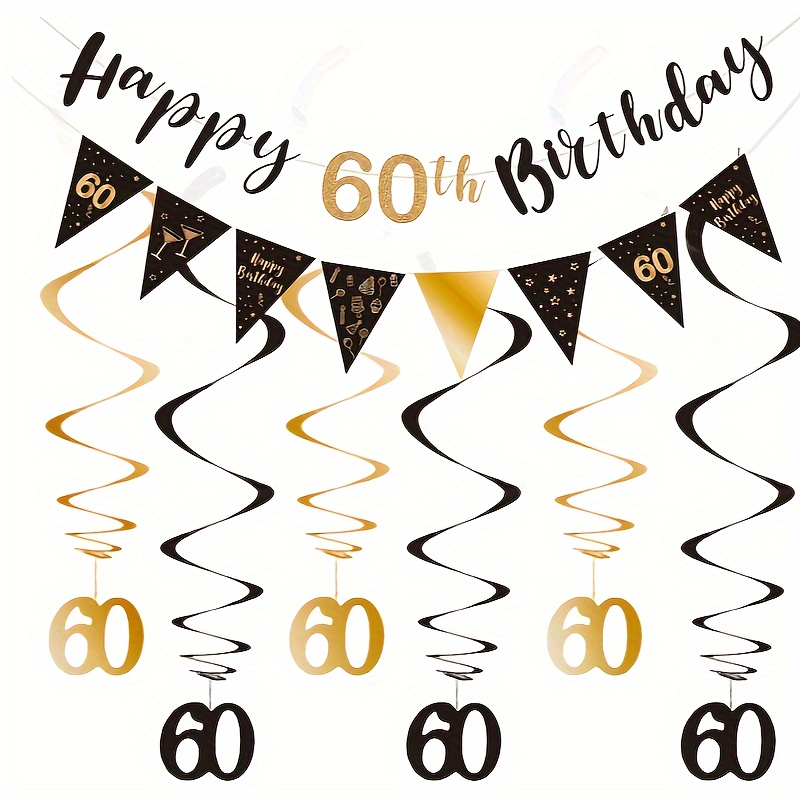 Image of 60th Birthday Decoration Set, 60th Birthday , Colorful Flag Vortex Ribbon, Triangular Flag Banner For Birthday Party Decoration, Black And Golden 60th Birthday Supplies
