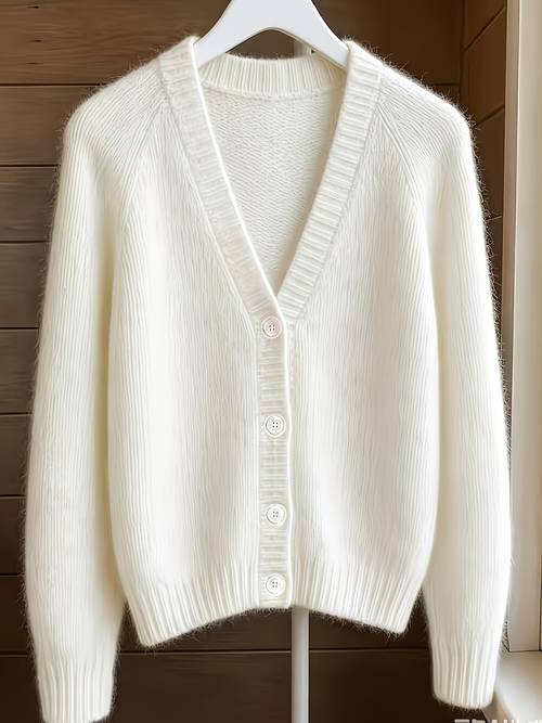 item picture autumn winter womens solid color simple v neck cardigan plush soft long sleeve top loose fit casual fashion versatile sweater cardigan suitable for