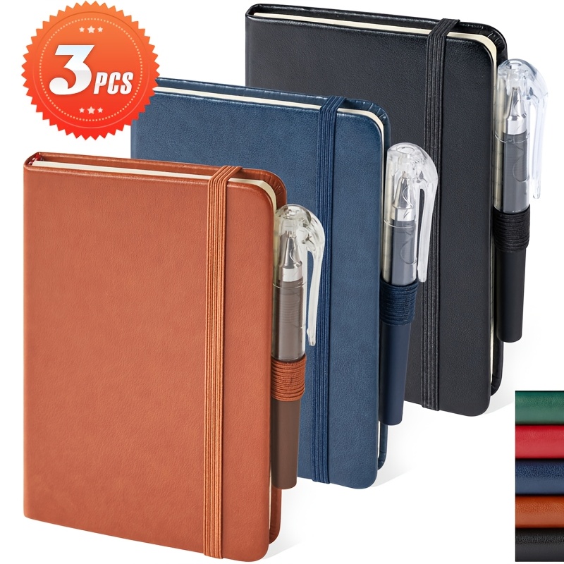 

3 Pack A6 Pocket Notebook Journals, 3.7"x5.7" Hardcover Leather Mini Notebooks For Women Men, 408 Pages Cute Small Note Pads With Pen, For Work Supplies, 100gsm Lined Paper