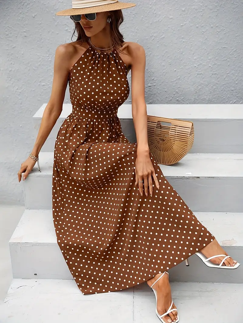 halter neck brown polka dot dress ASOS Design - Fluted Hem Halter Neck Dress - Women - Cotton/Spandex - 8 US