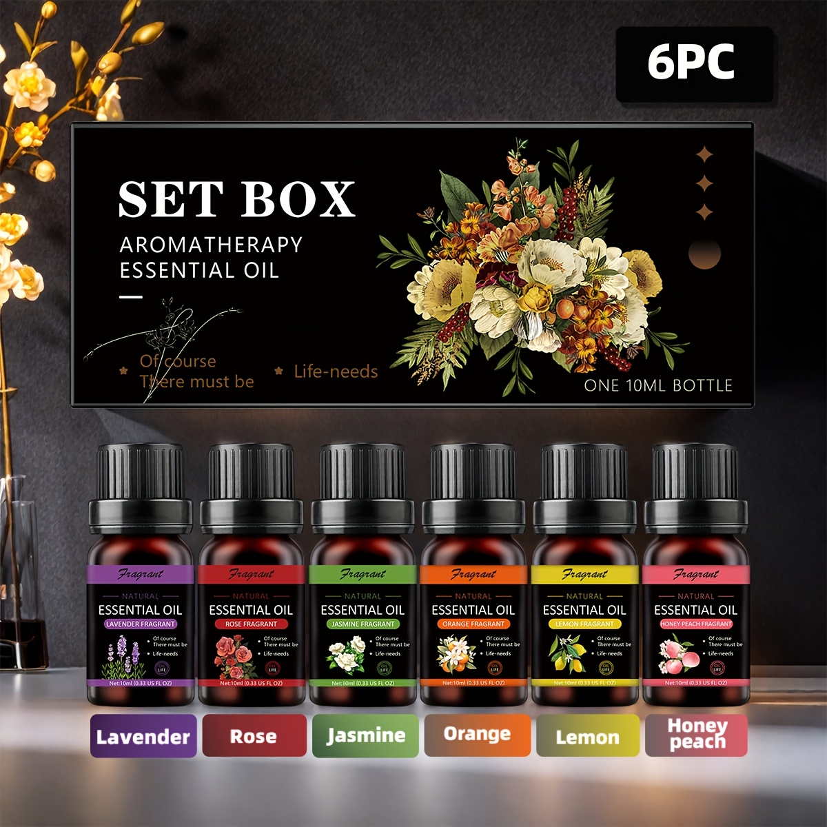 E-shop Ätherische Öle Set, 6 Flaschen Ätherische Öle, je 10ml, geeignet für Diffusoren, Duftkerzen, Aromaöldiffusoren, Luftbefeuchter, Auto-Duft,