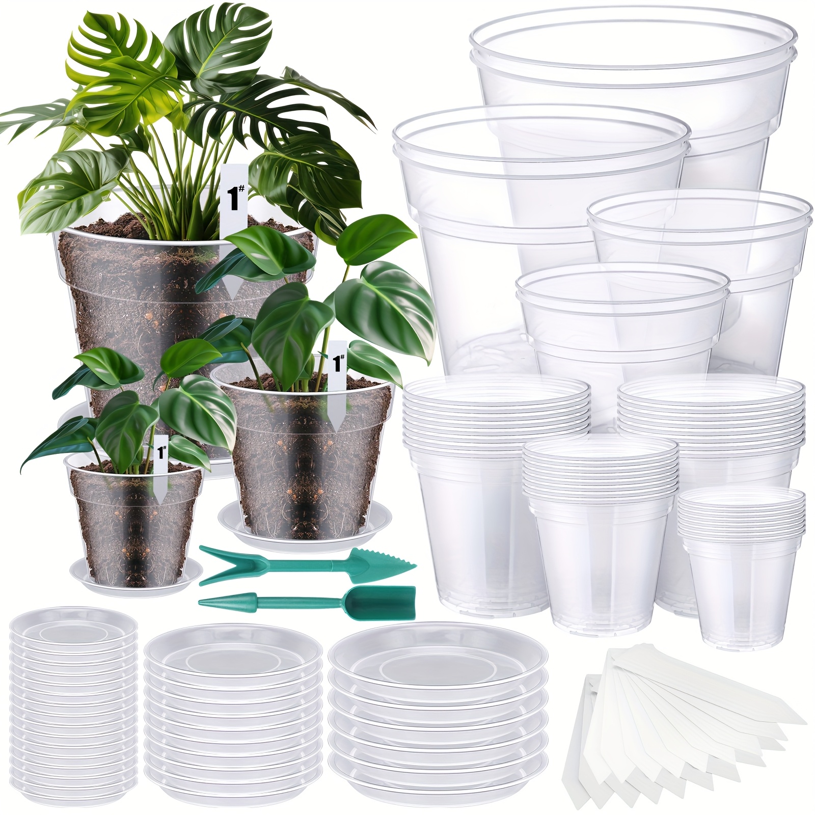 TEMU 40 Pack Clear Nursery Pots 3/4/5/6/7/8/9/10 Inch Plastic Plant Pots With Drainage Holes And 32 Trays Garden Seedling Pot With 40 Plant Labels 2