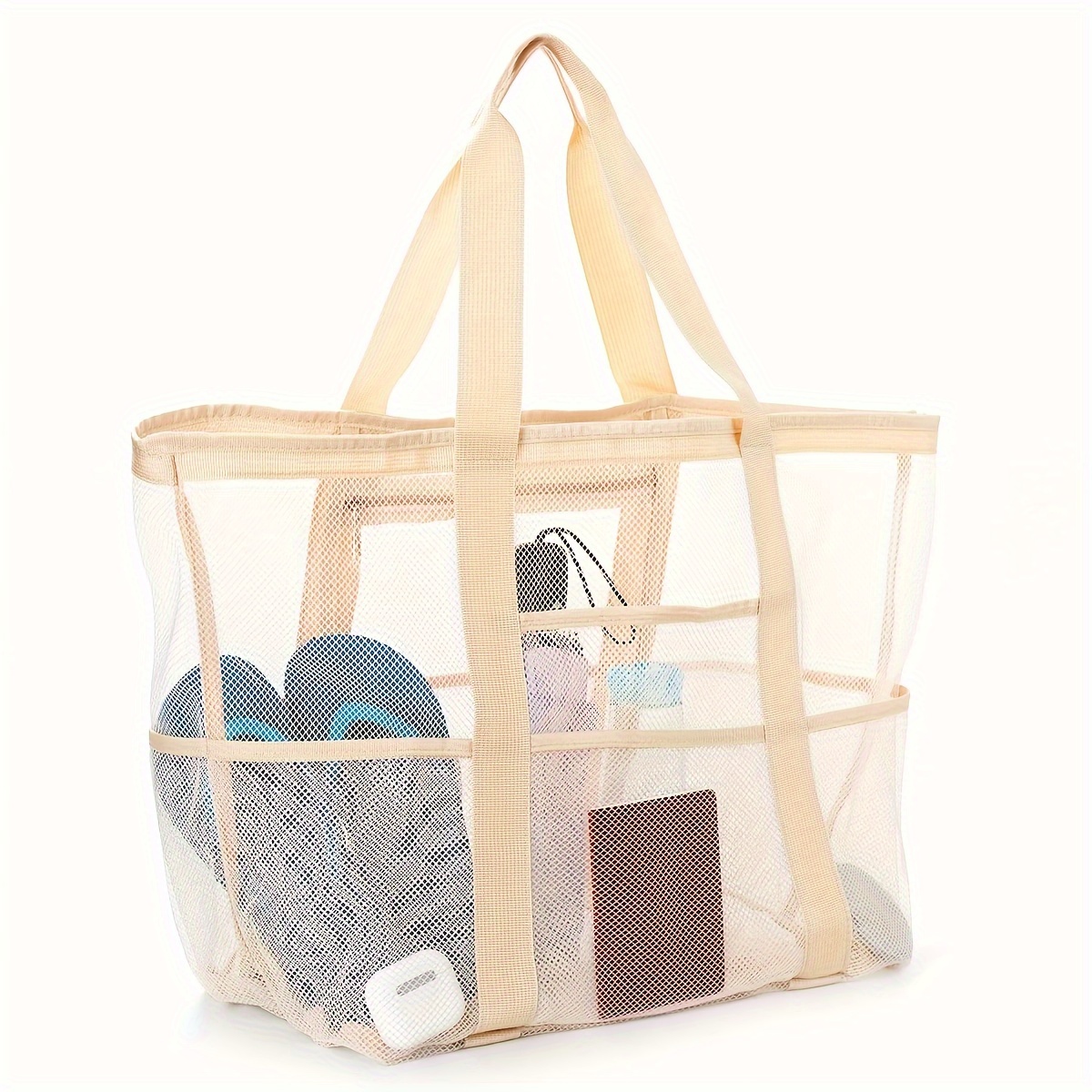 large capacity breathable mesh beach tote bag with multiple pockets portable storage for flip flops toys and essentials   family beach trips pool parties and travel beach accessories