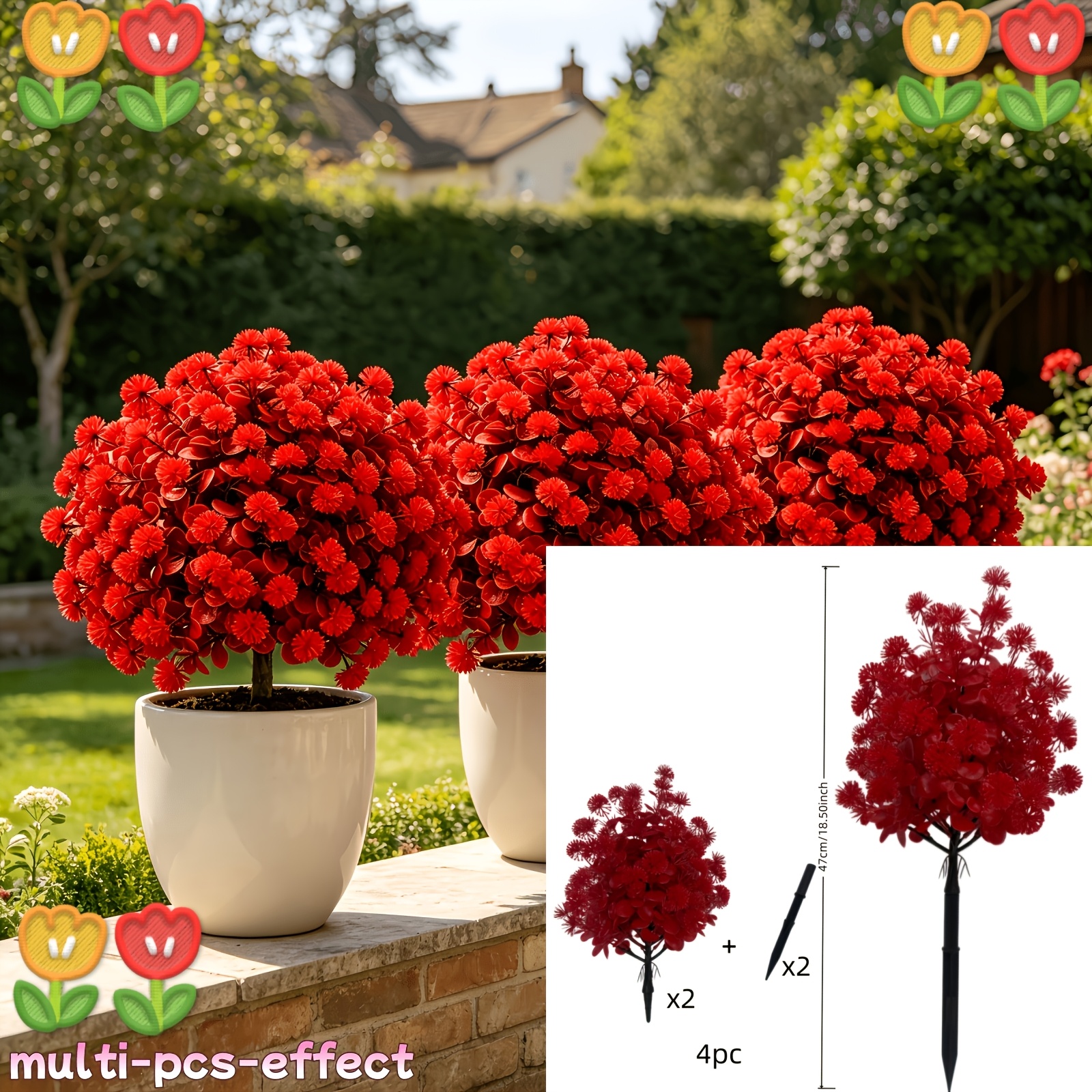 TEMU 4pcs Set - Luxurious Large Outdoor Red Artificial Sphere Fake Ground Flower And Nail Combination, Uv Resistant Fake Flower Ground Decoration,