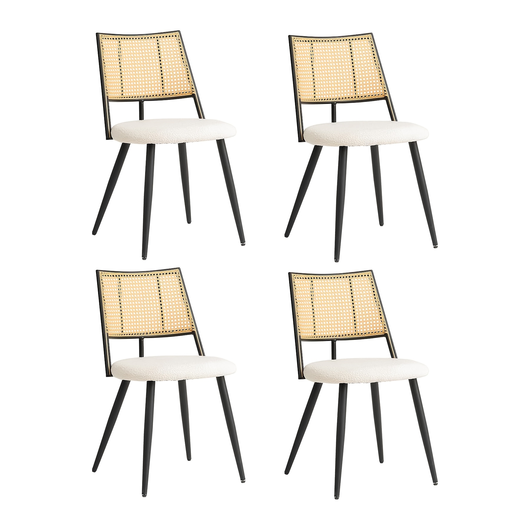Image of Egoonm Set Of 4 Dining Chairs, Upholstered Kitchen Chairs With Woven Rattan Backrest And Black Metal Frame, Padded Seat (pellet Fleece Velvet), Ideal For Dining Room, Living Room, Bedroom