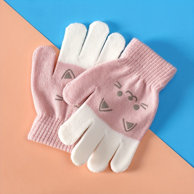 Autumn Winter Warm Finger Cute Cartoon Boys Girls Separate Finger Gloves Knit Gloves