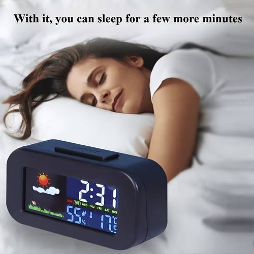in one desktop color screen alarm clock that displays temperature humidity and weather it features a large backlit screen real time temperature and humidity dynamic forecasts and alarm functions