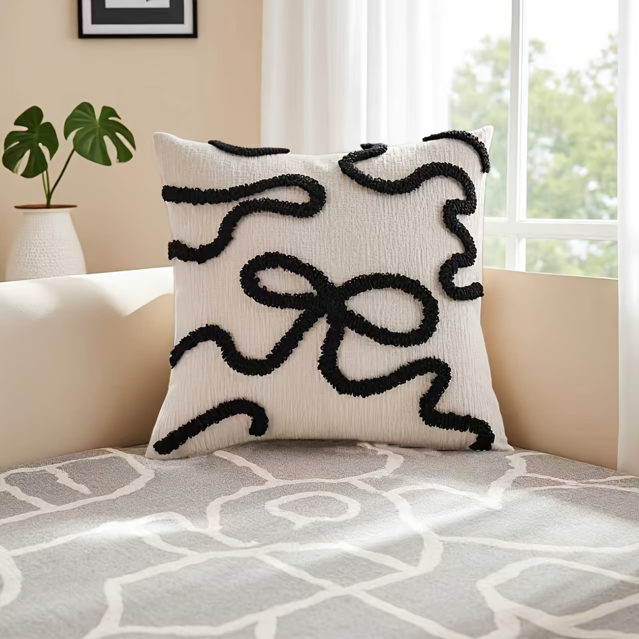 TEMU 1pc Light Luxury Minimalist Bow Line Embroidery Pillowcase, Loop Pile Three-dimensional Embroidery Home Decor, Ins-style