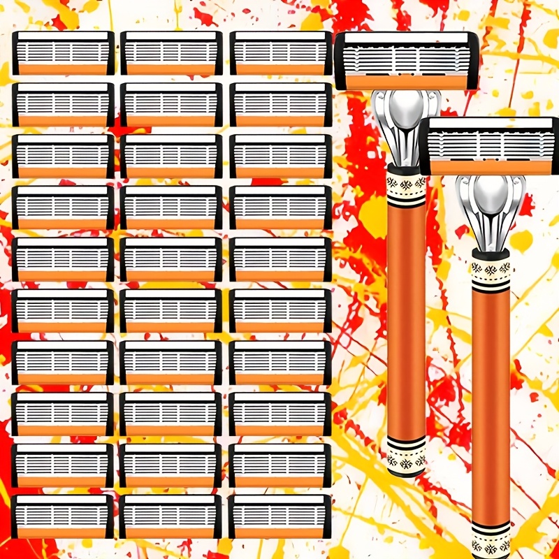 Image of 2pcs Orange Knife Handle With 18/24/30pcs 6-layer , Men's 6-layer Stainless Steel Shaver, Safe Shaving And Hair Removal Tool, Product