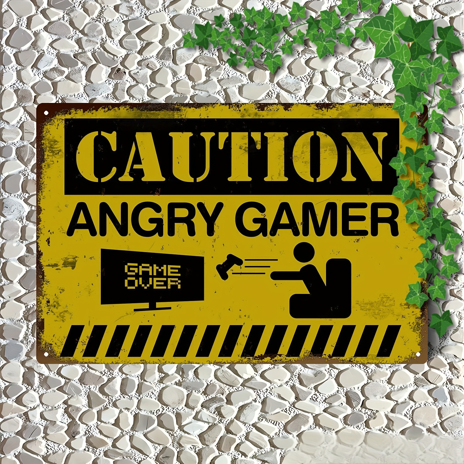 TEMU Retro "beware Of Angry Gamer" Metal Sign - 8.0x12.0 Inch | Rustic Yellow And Black Iron Decor For Home, Garage, Bar, Cafe | Weather Resistant |