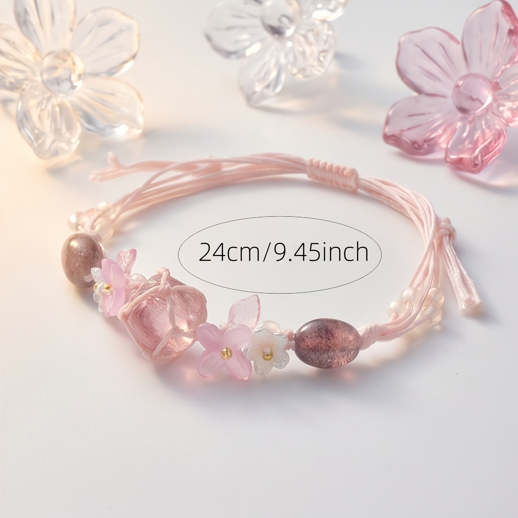 Handmade Adjustable Rose Quartz & Strawberry Quartz Bracelet, Floral Design