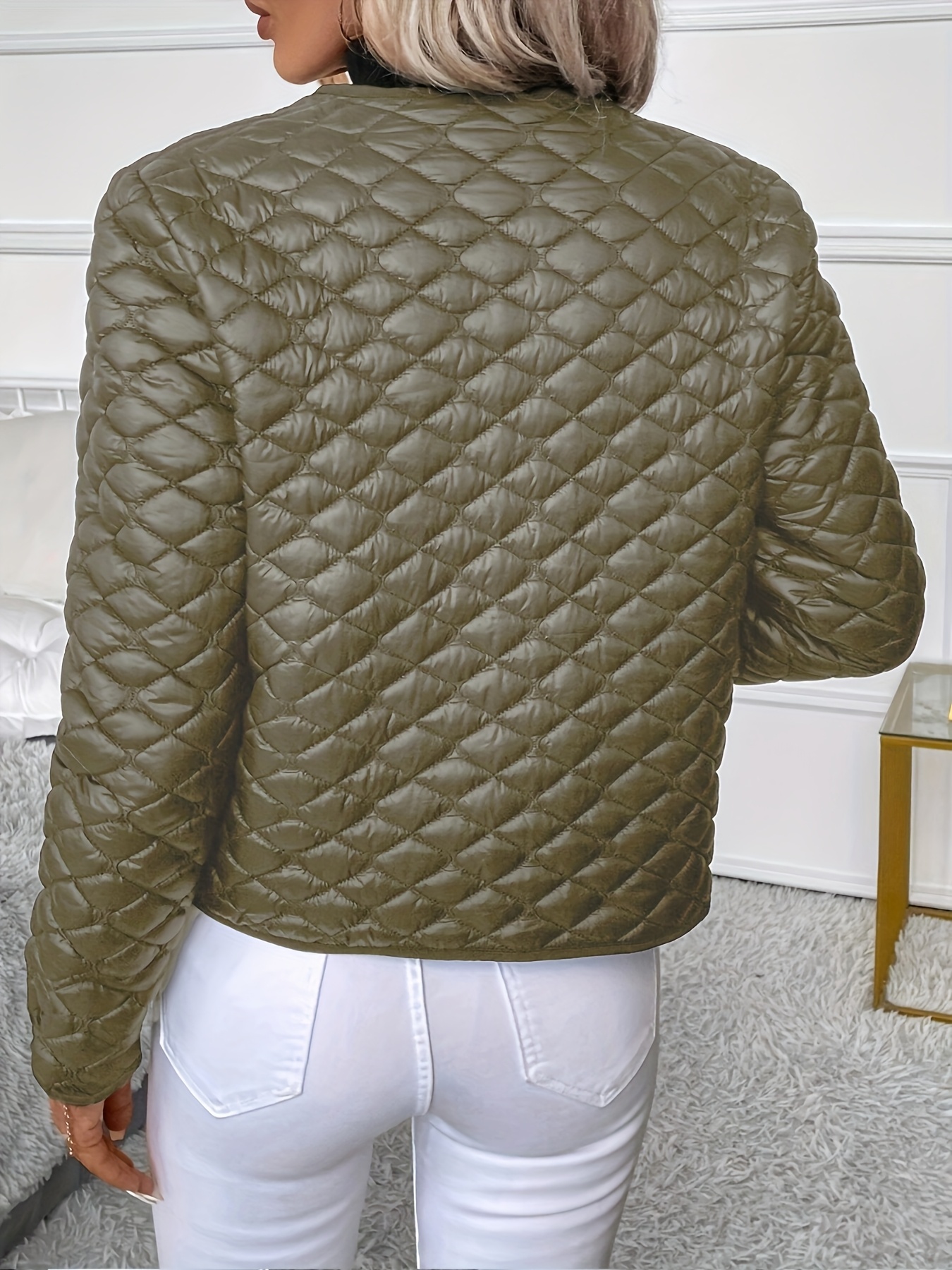 solid color long sleeve lapel detail quilted coat green 1