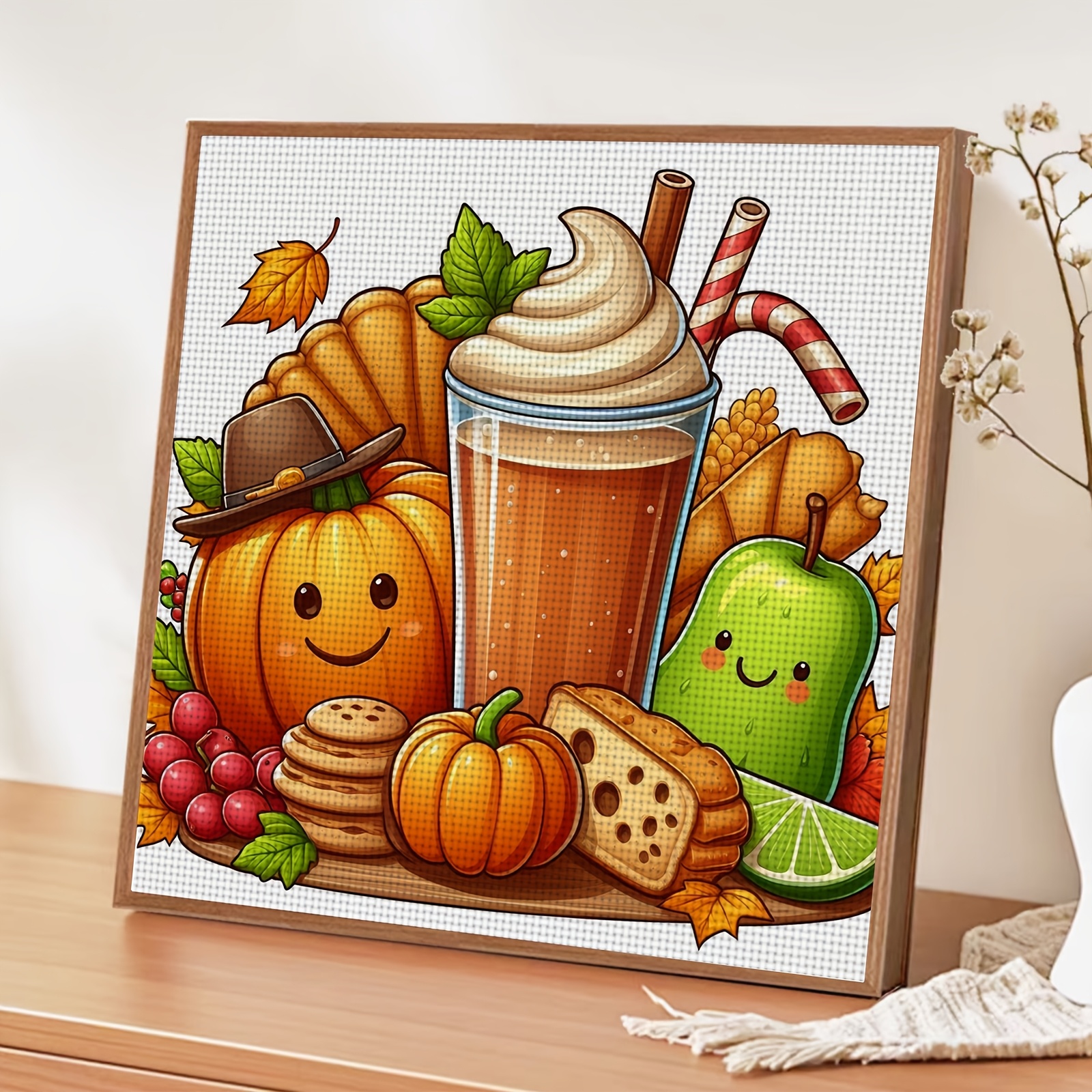11CT Printed Cross Stitch DIY Kit, Autumn Drink with Pumpkin