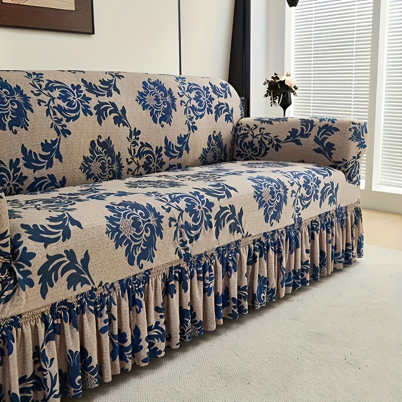 TEMU 1pc Blue Versatile Fiber Sofa Covers. Exquisite Printed Skirt Design, High Material, Fits The Sofa, With Anti-slip Fixing Rods To Stabilize And