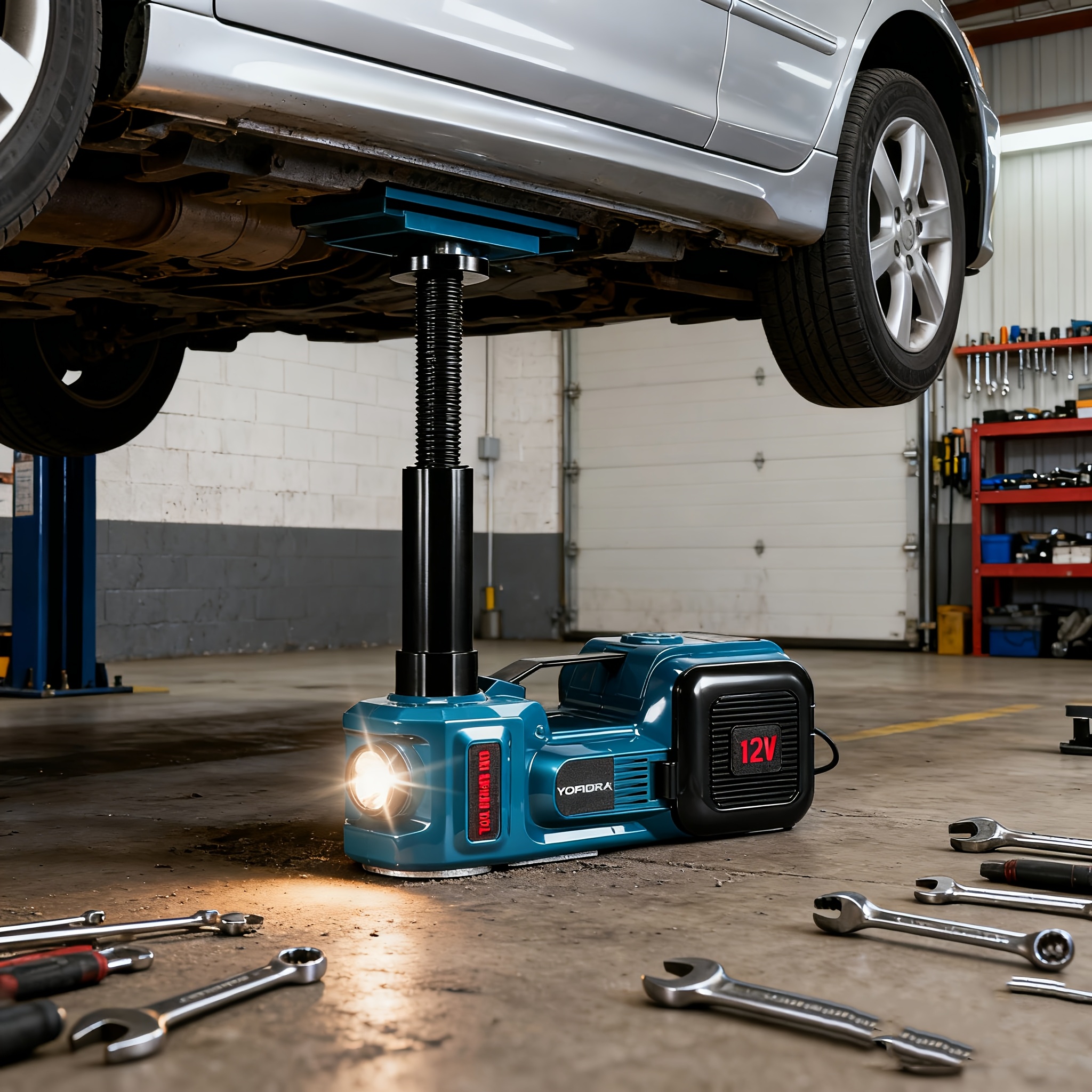 12V Electric Hydraulic Car Jack with Tire Compressor & LED Work Light