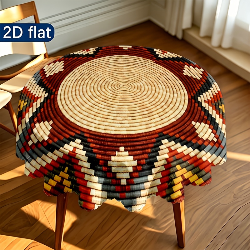 TEMU [ Product] 1pc Polyester Wavy Tablecloth, Featuring Multicolor Geometric Patterns Surrounding Beige Center, A Rich Festive Atmosphere For Home