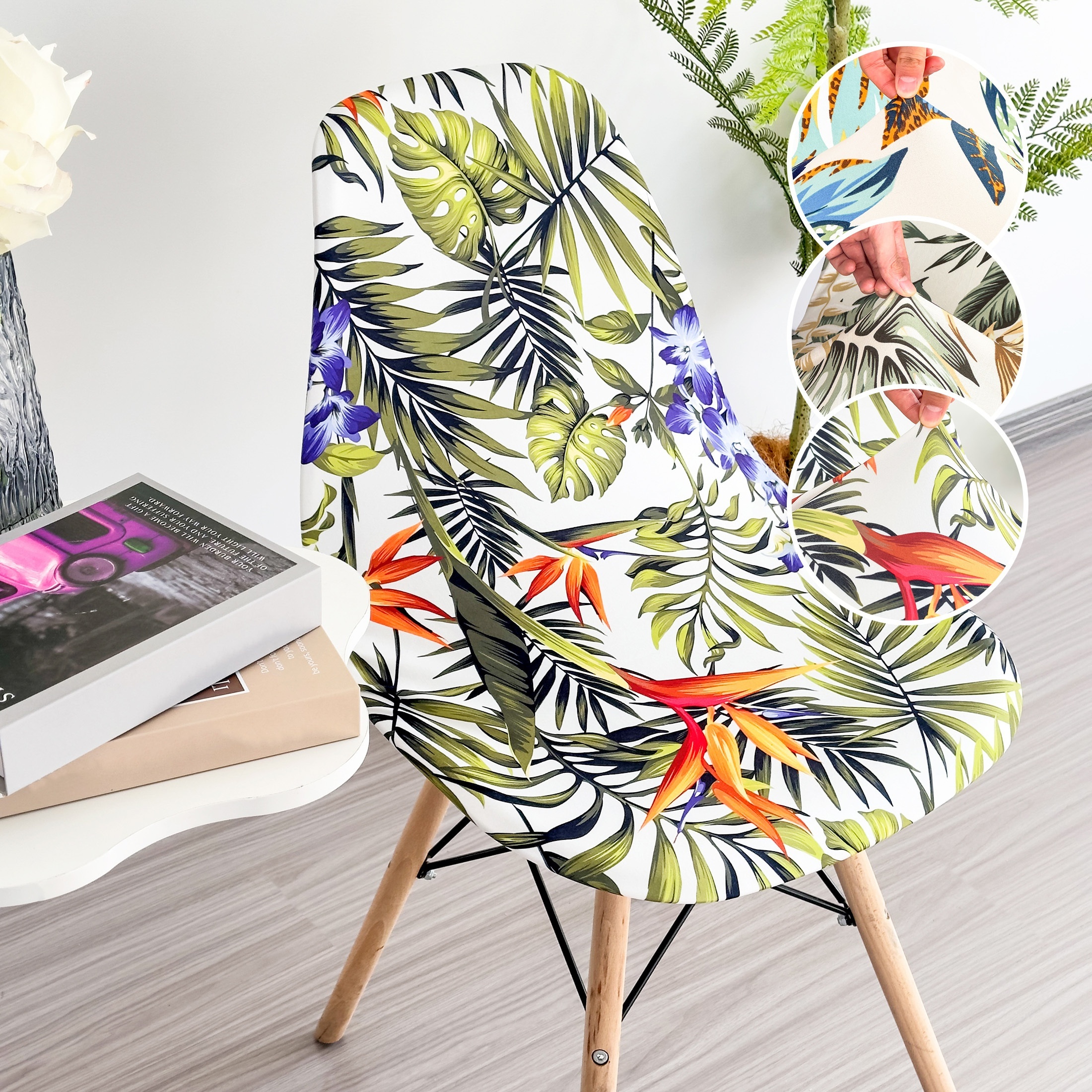 

1pc Fabric Elastic Shell Curved Eames Chair Cover Modern Tropical Plant Print Chair Slipcover Removable And Washable For All Seasons Home Decor