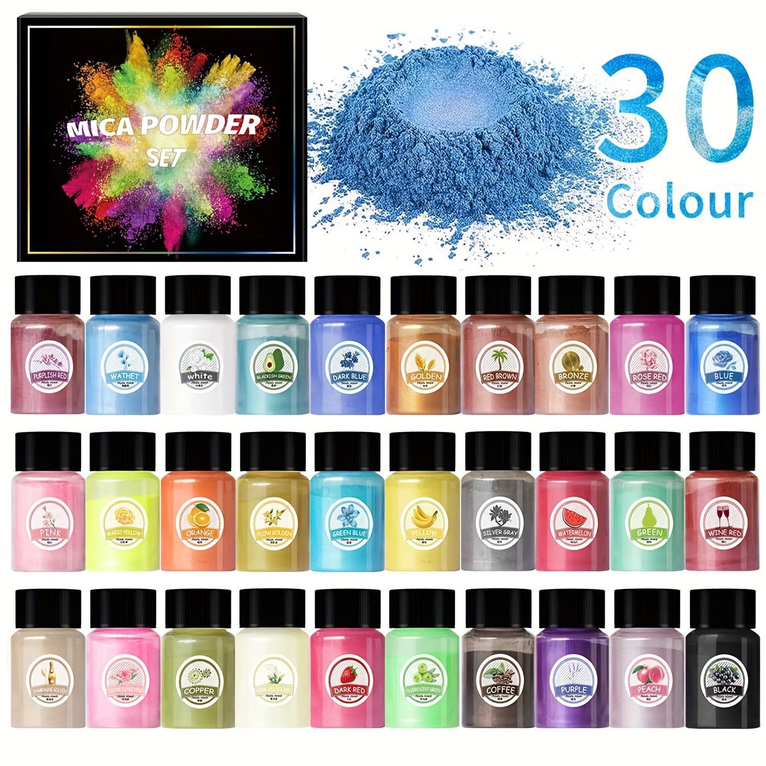 

30-color Mica Powder Pigment Set For Resin, Candles, Diy Crafts - 10g Premium Natural Dye For Epoxy, Car , Uv Resin - Non-toxic Colorant Bottles, Use Without Power