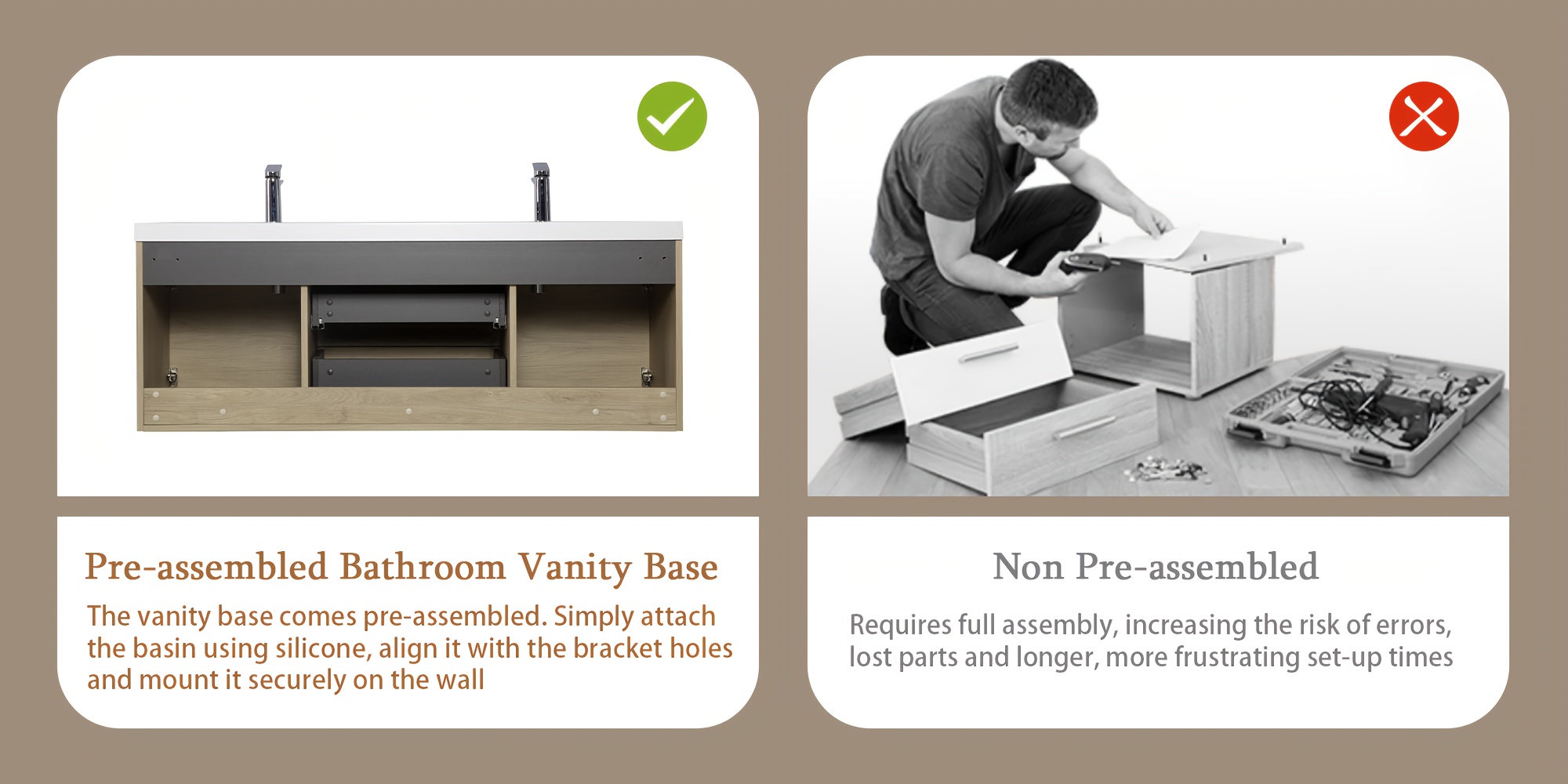 60 modern floating wall mounted bathroom vanity with double sink natural oak wood large storage soft close drawers   white resin countertop sink space saving design   faucet drain not included Product details 4