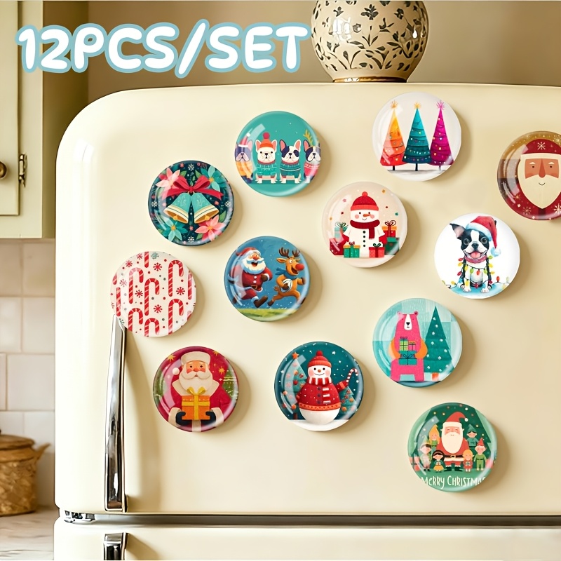 TEMU Lot de 12 aimants de réfrigérateur, jolis aimants de Noël ronds en acrylique pour frigo, mesurant 1,57 pouces. Présente une combinaison de du