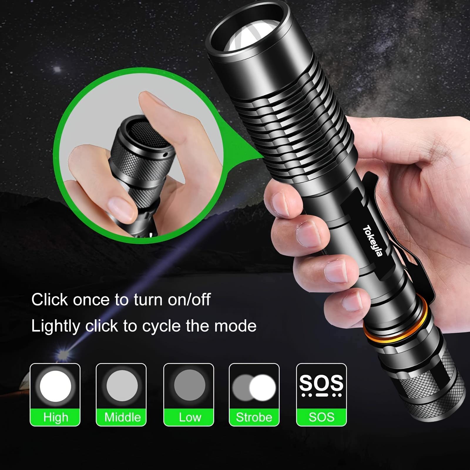 

1 Pc Super Bright Rechargeable Led Tactical Flashlight With Variable Focus 5modes Camping Flashlight Using 2x18650 Batteries (without Battery)