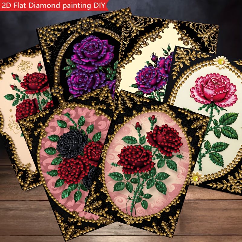 TEMU 2d Flat Hot New 6pcs Set Retro Luxurious Rose Irregular Diamond Painting Greeting Card Set, Handmade Flat Gemstone Card, Black/off-white/pink