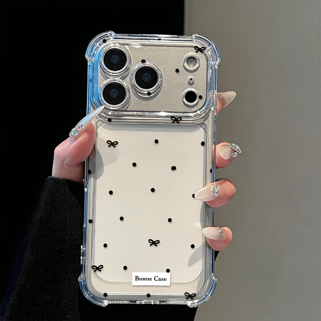 TEMU Phone Case: Simple Black Polka Dot Bow Transparent Phone Case, Suitable For Iphone 17/16/15/14/13/12/11 Pro 4 Corner Anti Drop Protective Case,