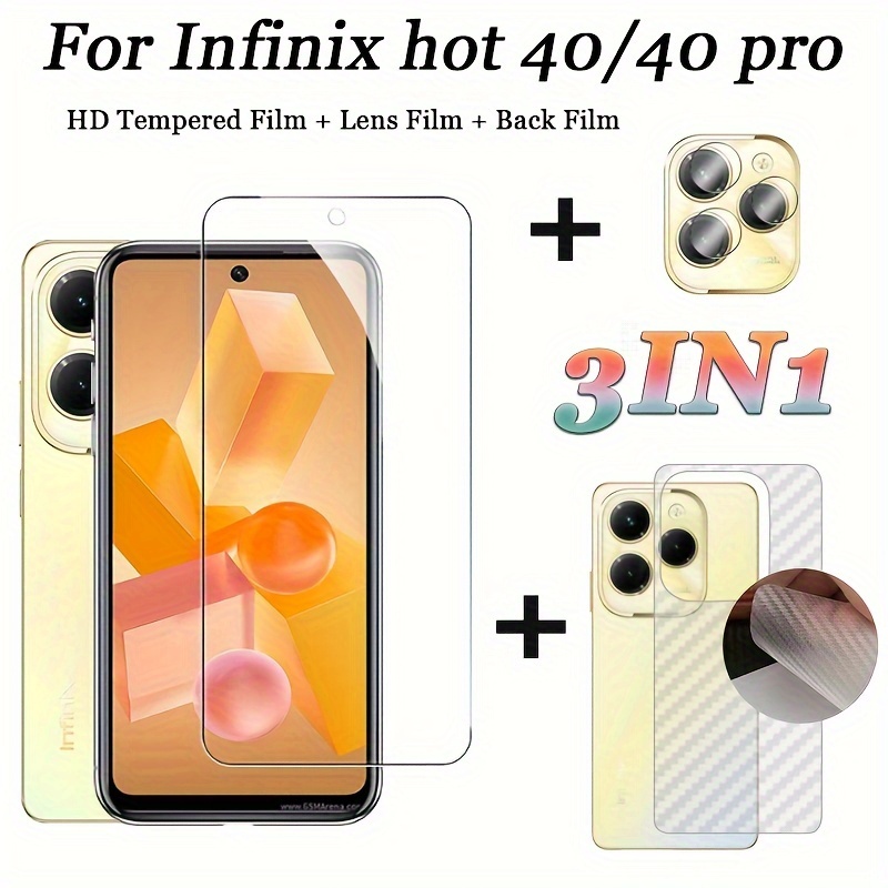 

Infinix Hot 40/40 Pro 3-in-1 Tempered Glass Screen Protector - Glossy Hd Full Coverage With Camera Lens Protector And Carbon Fiber Back Film, Oleophobic Coating, Anti-fingerprint, Dust Prevention