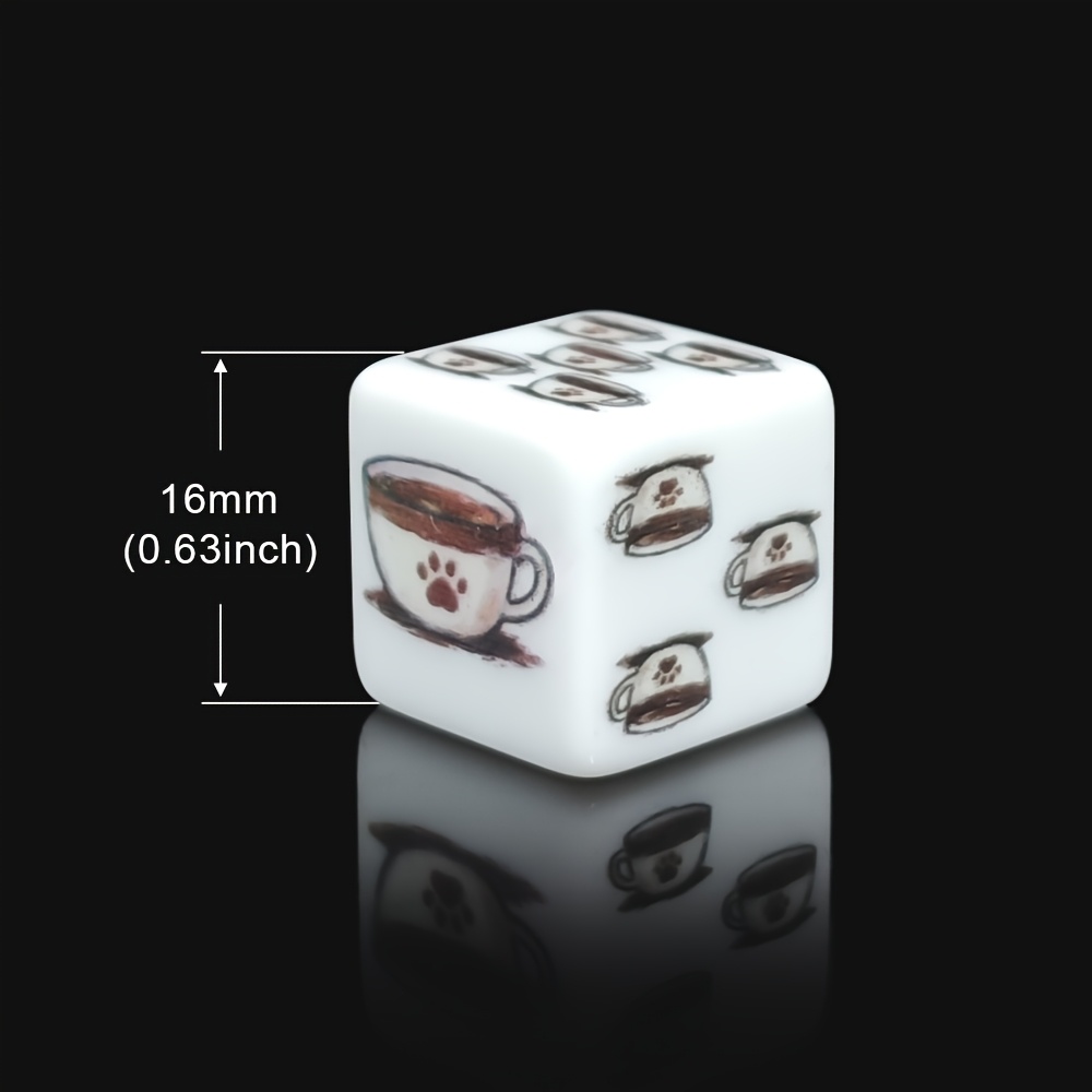 6pcs/Set 16mm Acrylic D6 Dice with Cat in Coffee Cup Pattern