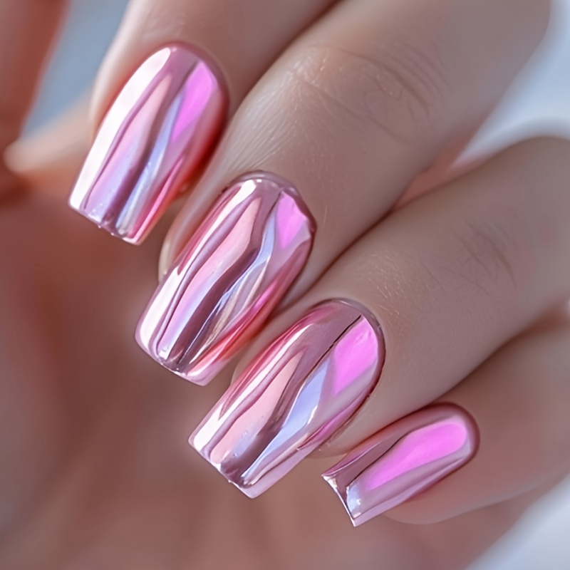 24pcs Square Chameleon Metallic Mirror Pink Aurora False Nails, 1pc Tape And 1pc Nail File To Instantly Upgrade Your Look, Press-on Nails Manicure Supplies