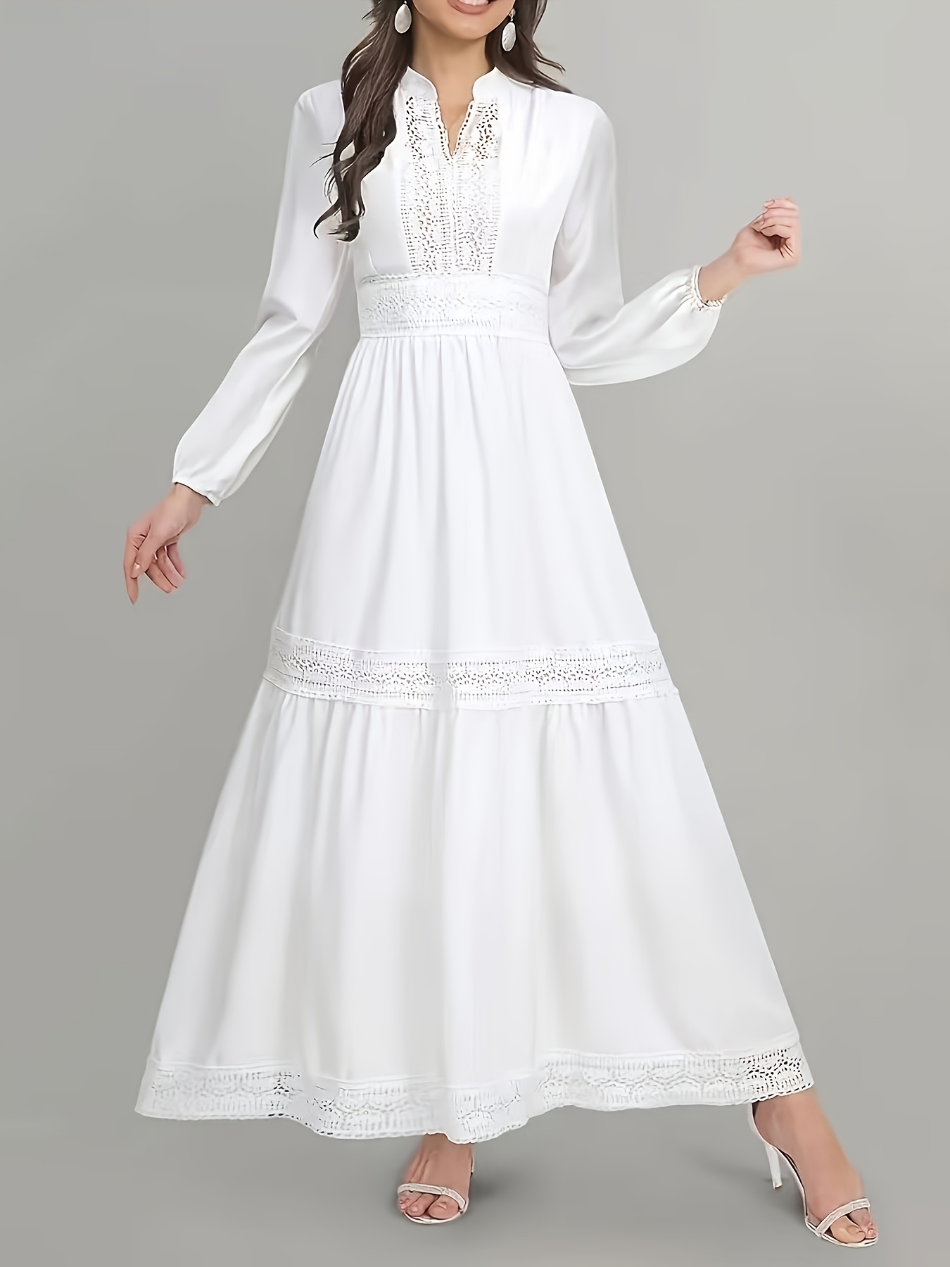 women's elegant v-neck long sleeve lace overlay dress - flowy a-line maxi  dress with sheer & solid color transition, loose fit casual to formal wear,  versatile wardrobe staple, lace dress, everyday elegant