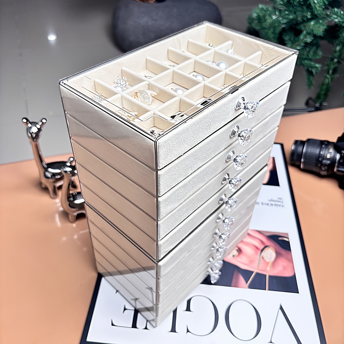   organizer box with beige gray elegant desktop storage case with clear lid multiple compartments slots for rings necklaces bracelets durable plastic construction for   boutique perfect gift for christmas valentines weddings no assembly needed home decor accessory stylish display polished   bridal accessories jewelry boxes Product details 3