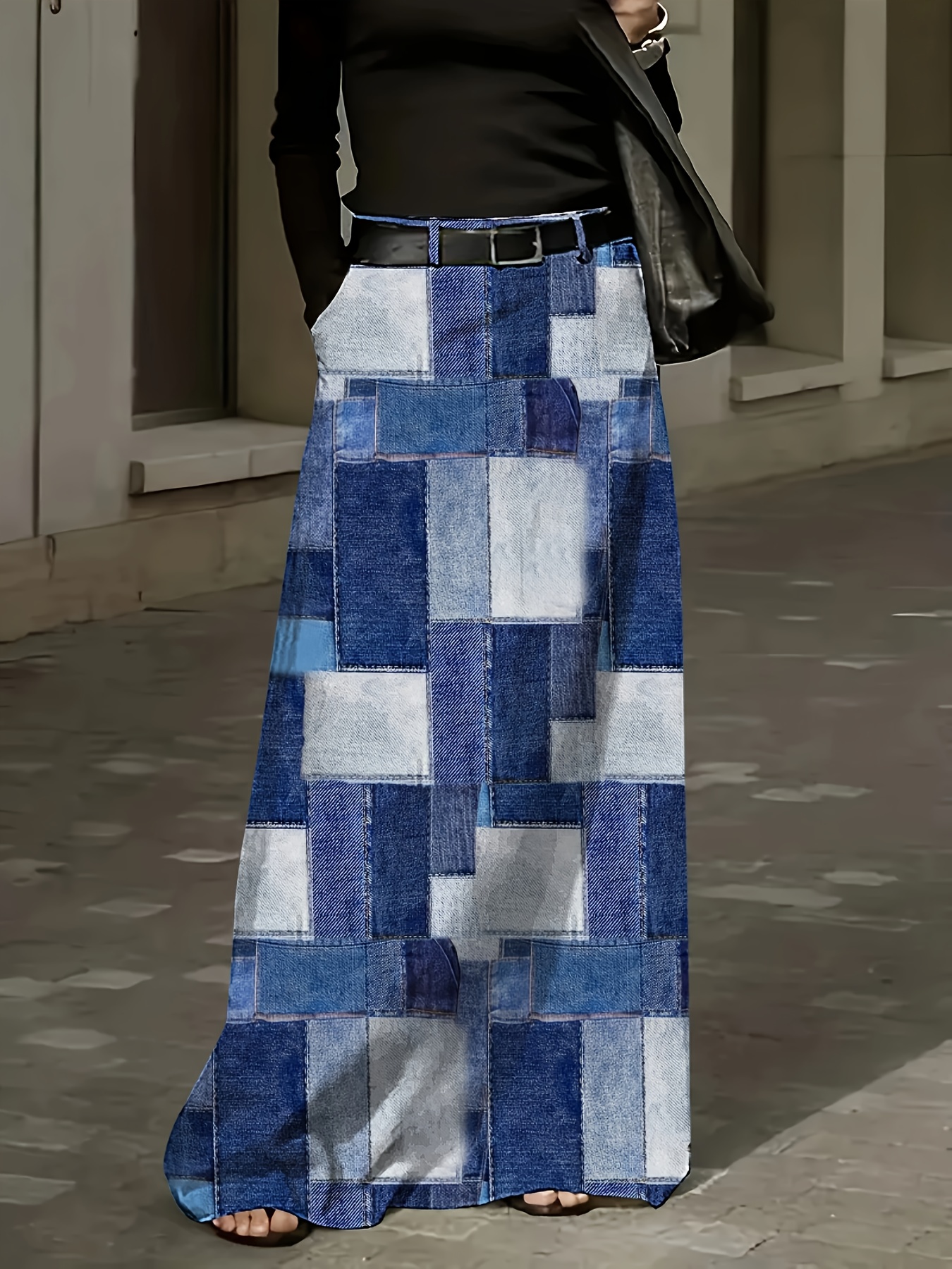 Long Denim Plus Size Denim Skirt Quilt Elegant Plus-Size Denim