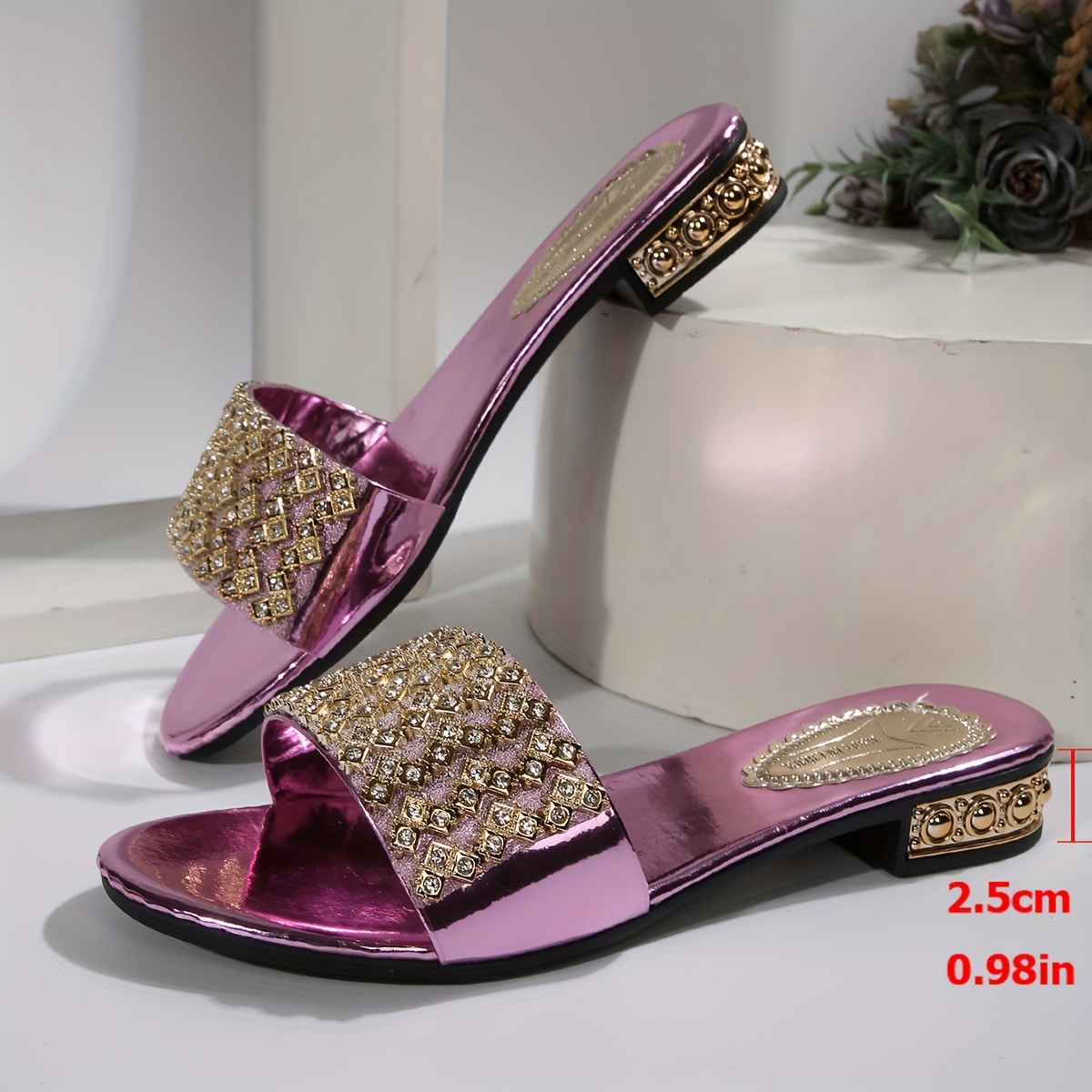 Women's Retro Slip-On Sandals - Black with Golden Rhinestone Accents, Round Toe & Adjustable Straps, Low Heel Comfort for All-Season Casual Wear, Strappy Sandals