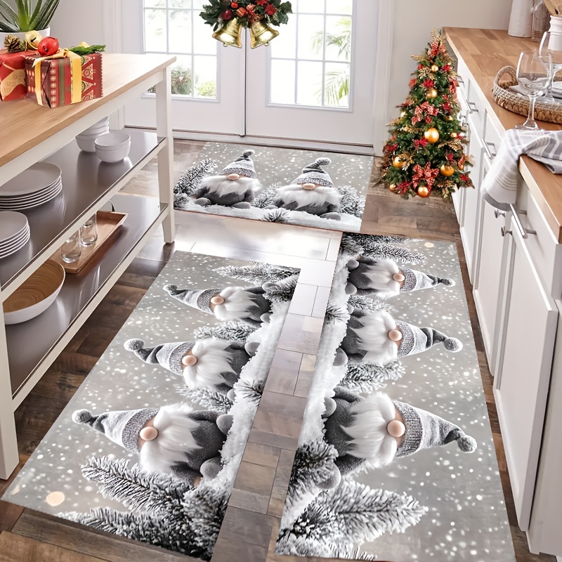 TEMU 3pcs Christmas Printed Kitchen Rug Set J-916, Featuring Gnome Patterns, Soft, Non-slip, And Washable, Suitable For Floors, Kitchens, , Living