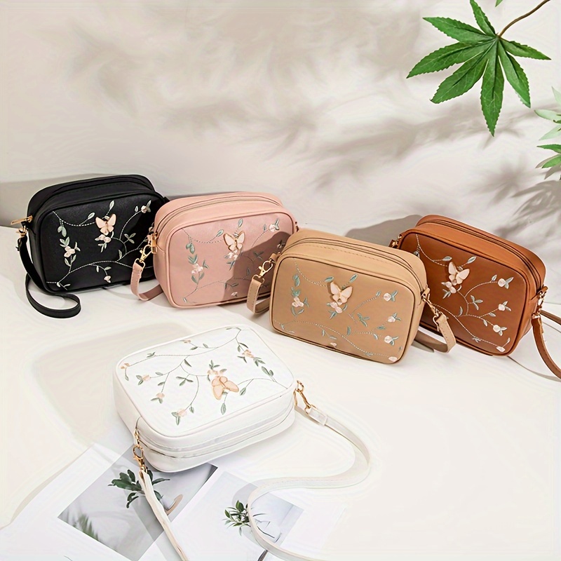 

Girl' Fashionable Branch Print And Butterfly Metal Decor Crossbody Bag With Adjustable Strap And Zipper Closure, Trendy Sling Bag For Outdoors And Everyday Use