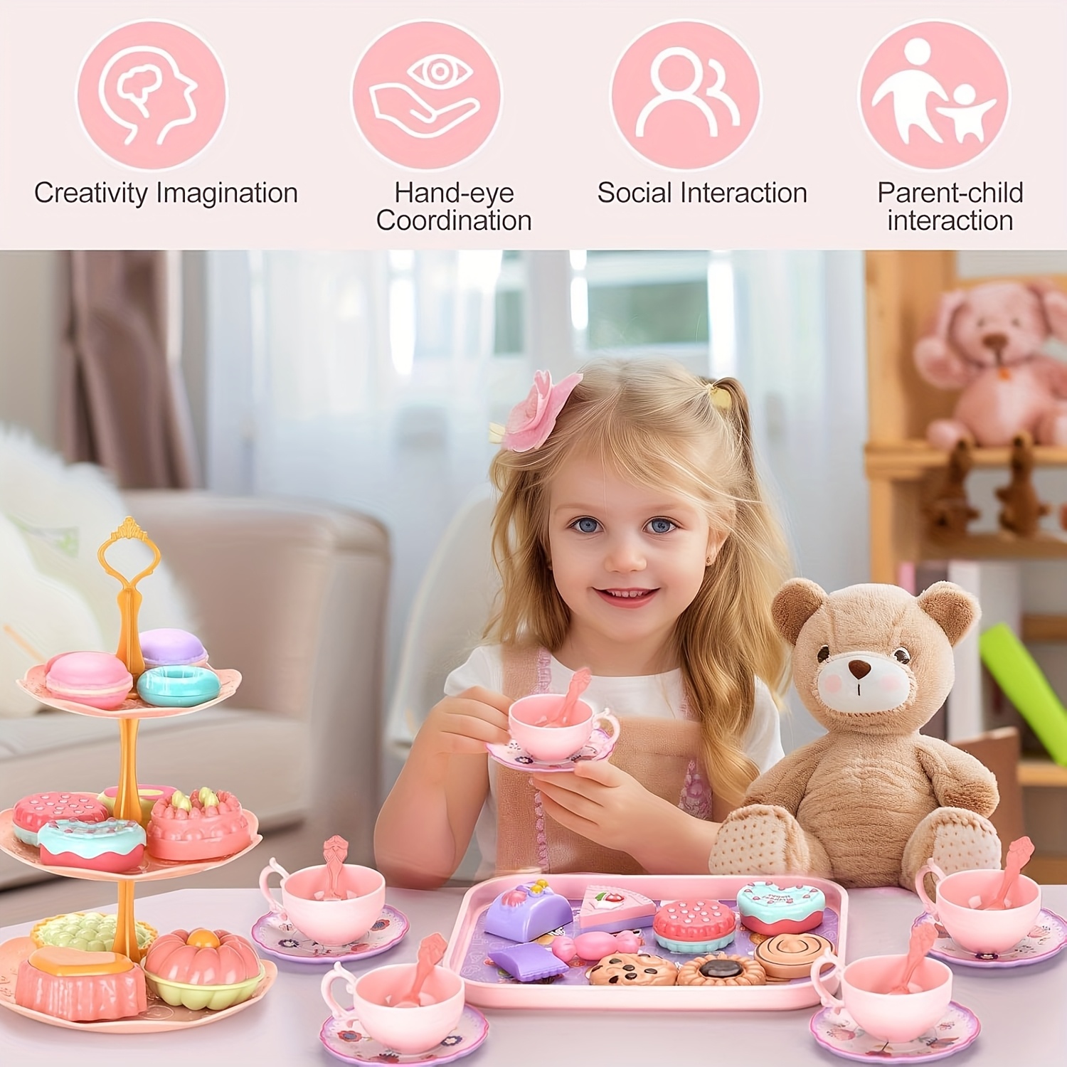 Deluxe DIY Pretend Play Tea Set for Colorful Simulation Kitchen  Tableware with Floral Teapots, Cups, Plates Desserts, Ideal Afternoon T
