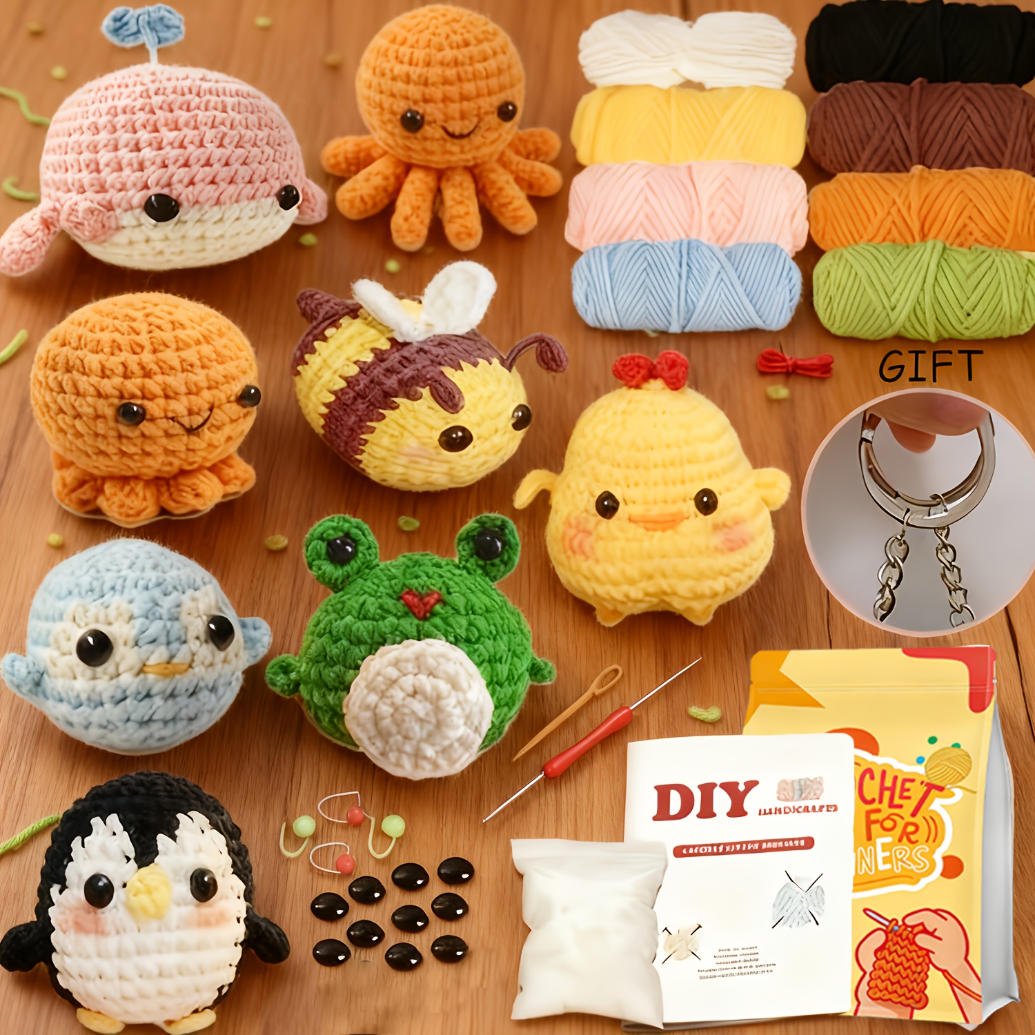 kit de crochet para principiantes de 8 piezas con animales adorables - set de manualidades con hilo de tela, herramientas de crochet completas - colores mezclados -   para    