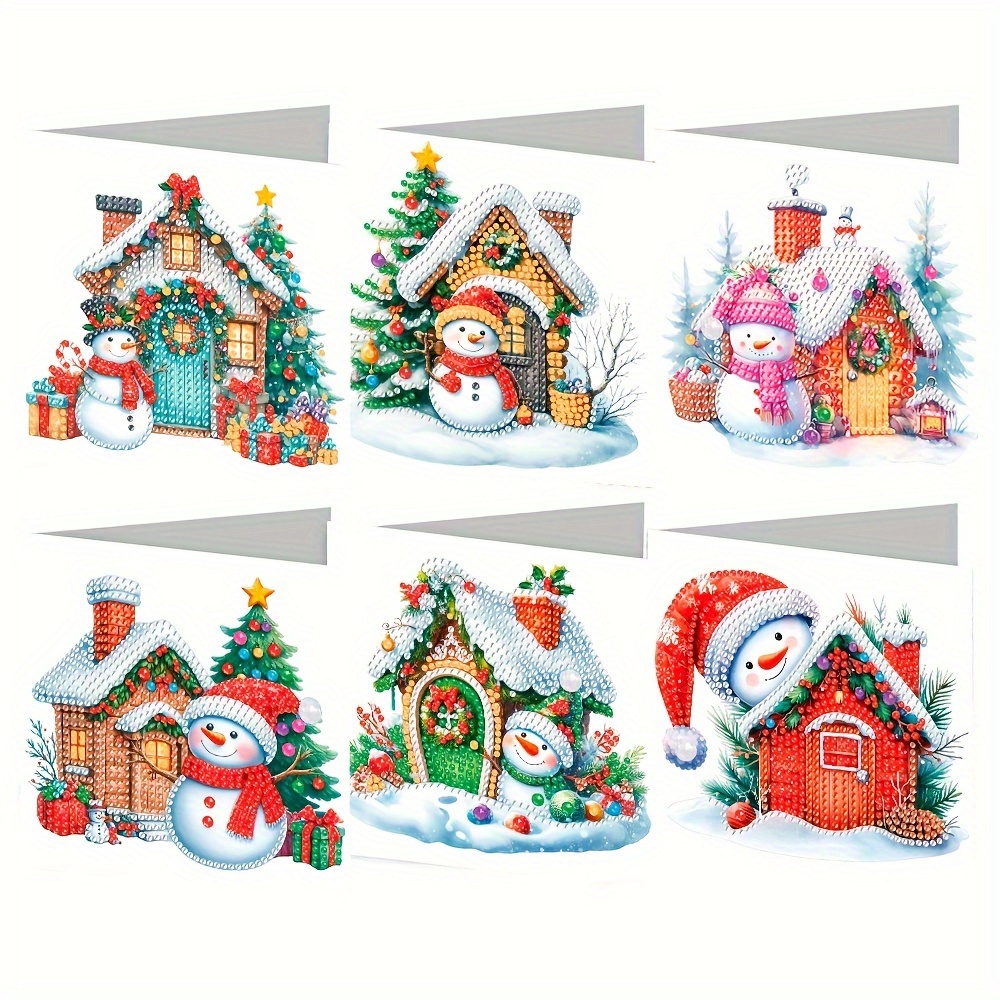 

6pcs Diy Diamond Painting Christmas Greeting Card Set With Envelopes - Handcrafted Snowman Designs For Holiday Wishes &